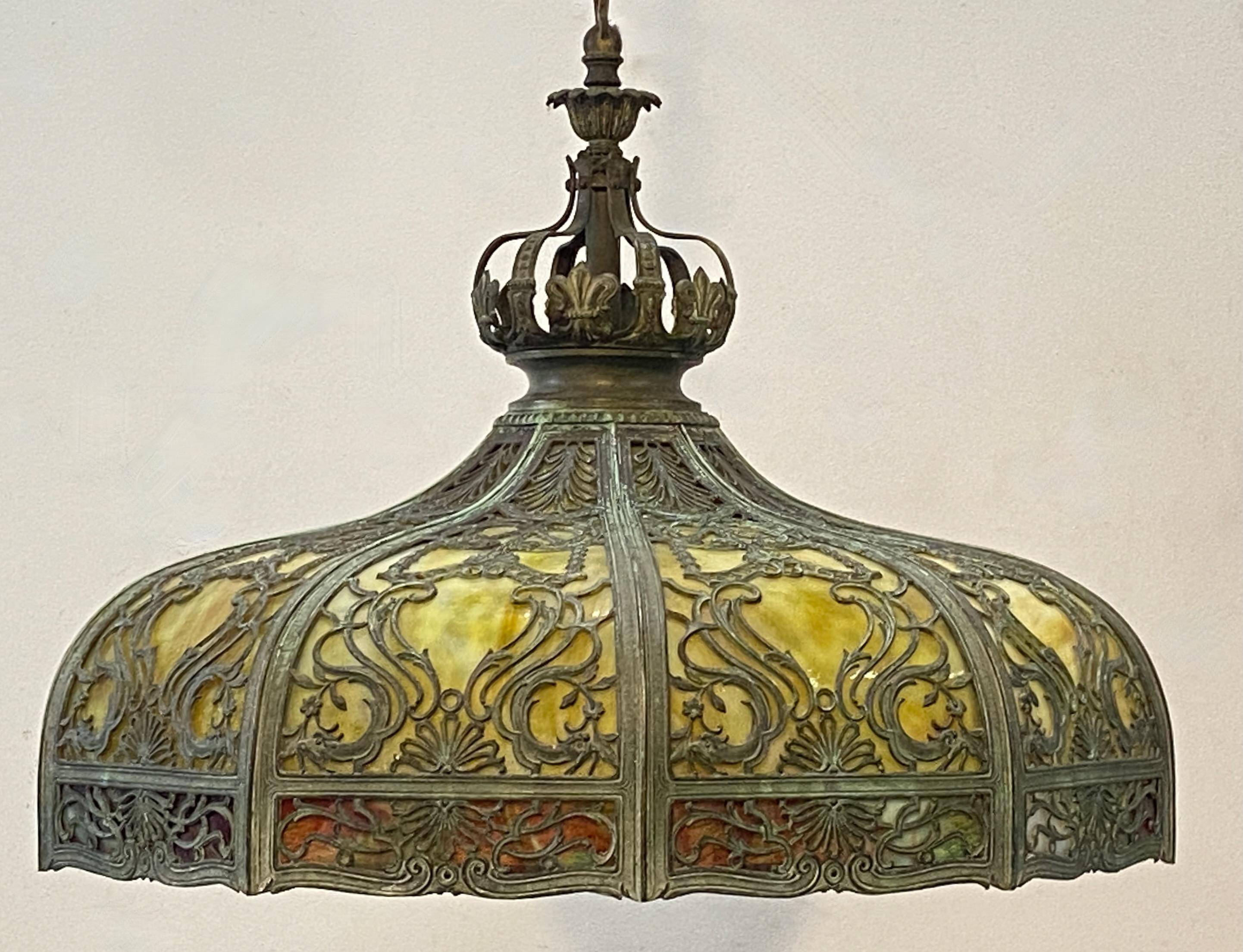 Art Nouveau  Early 20thC American Hanging Glass Panel Pendant Lamp c. 1910