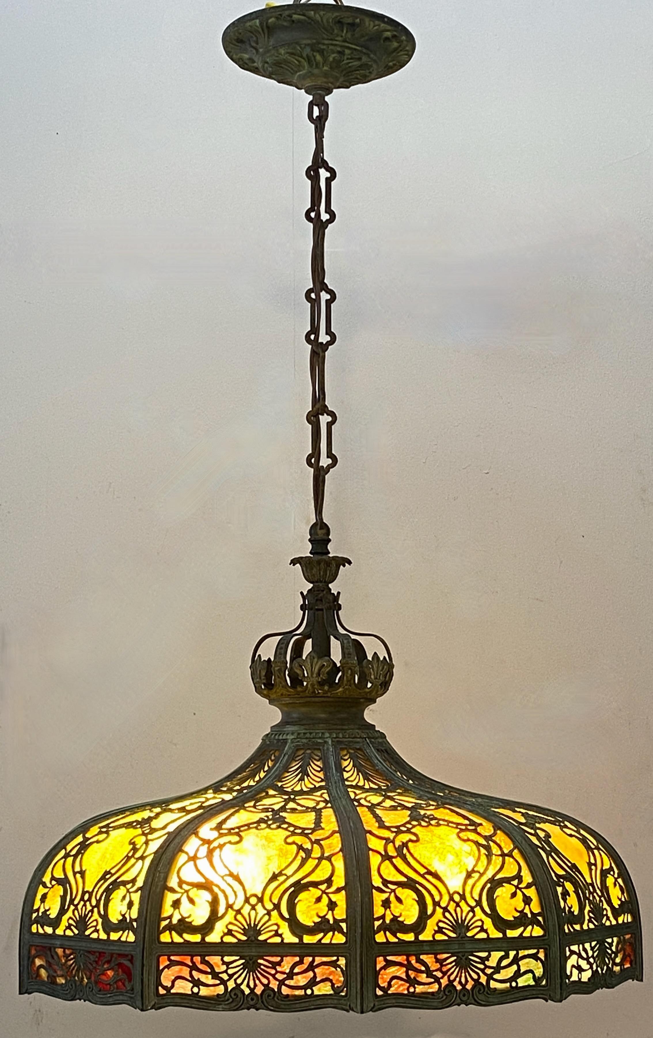  Early 20thC American Hanging Glass Panel Pendant Lamp c. 1910 In Good Condition In San Francisco, CA