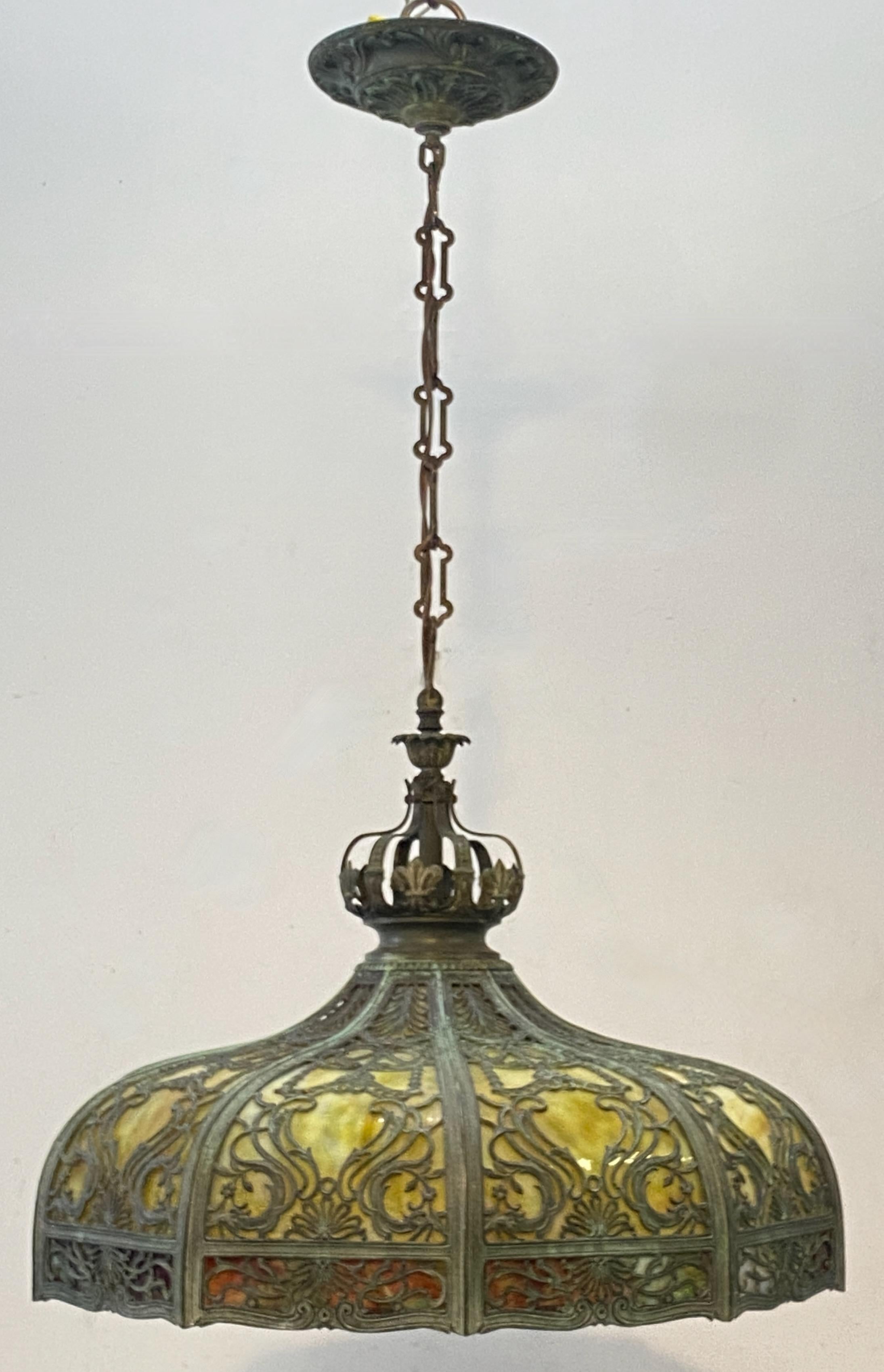  Early 20thC American Hanging Glass Panel Pendant Lamp c. 1910 3