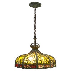  Early 20thC American Hanging Glass Panel Pendant Lamp c. 1910