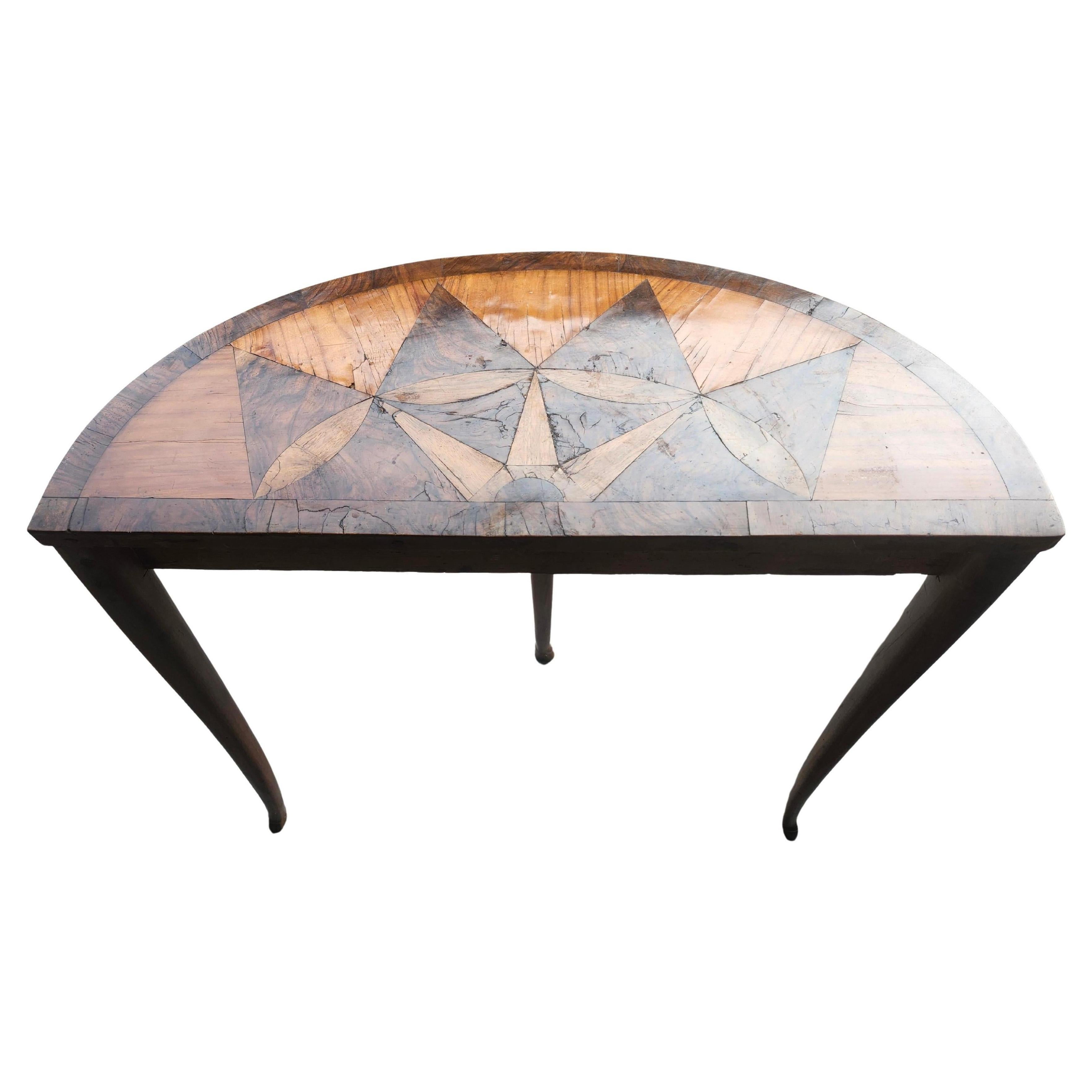 Art déco Table console Demilune Art Déco du début du 20e siècle avec plateau marqueté et deux tiroirs en vente