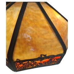 Early 20thc Bent Slag Glass Paneled Bronze Table Lamp style of Handel