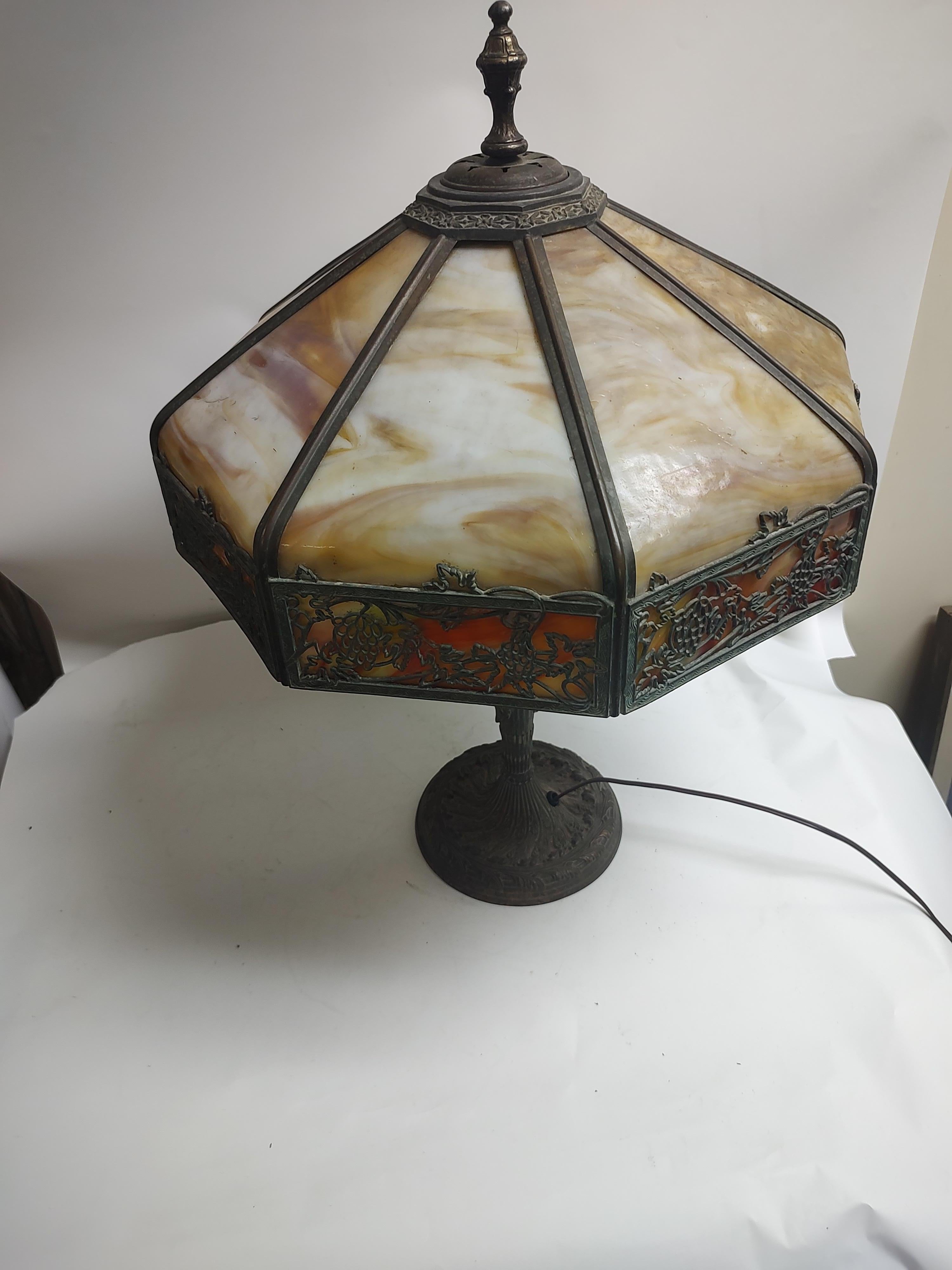 Early 20thc Bent Slag Glass Paneled Bronze Table Lamp style of Handel  For Sale 4