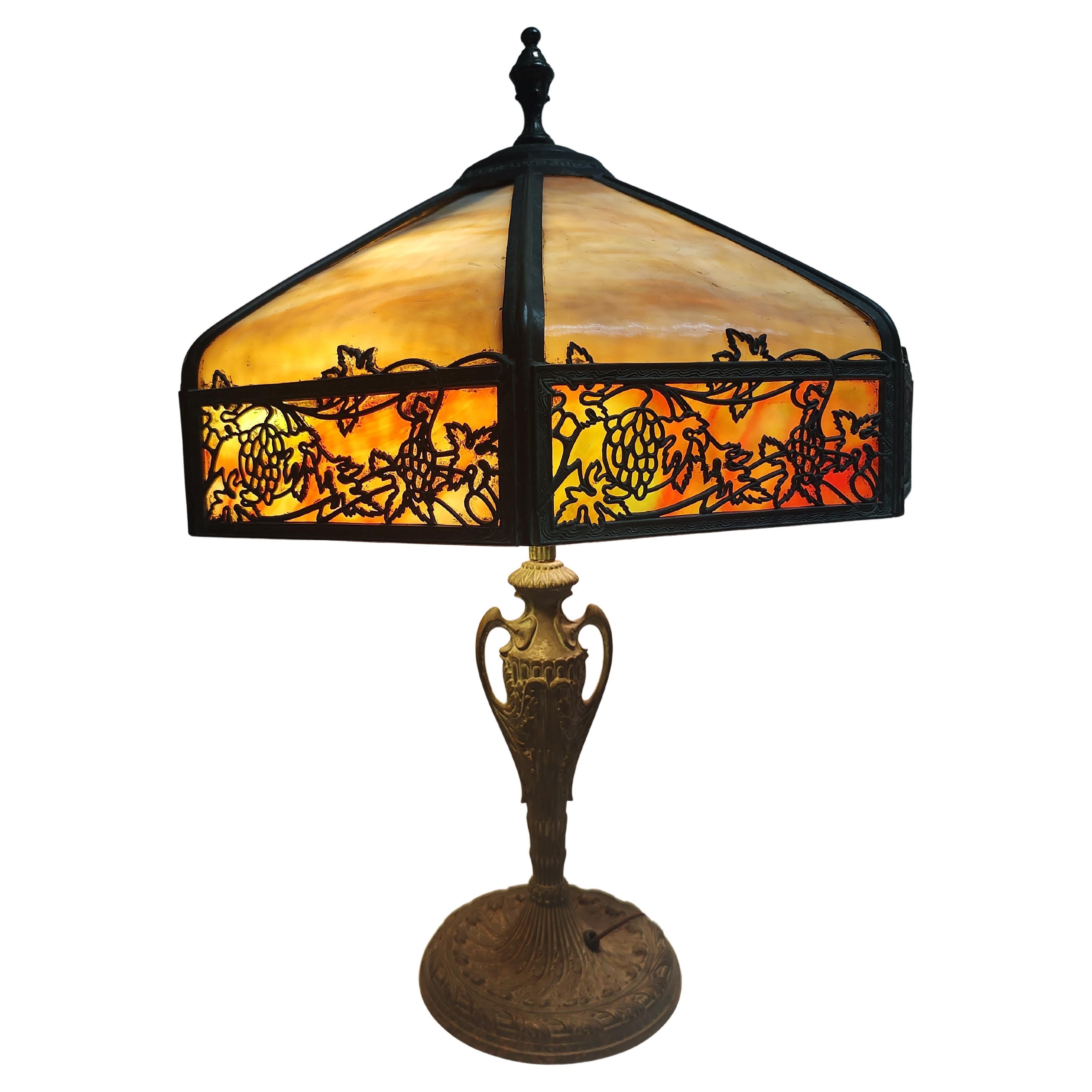 Molded Early 20thc Bent Slag Glass Paneled Bronze Table Lamp style of Handel  For Sale