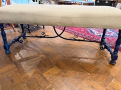 Early 20Thc Blue Painted Base & Linen Covered Seat