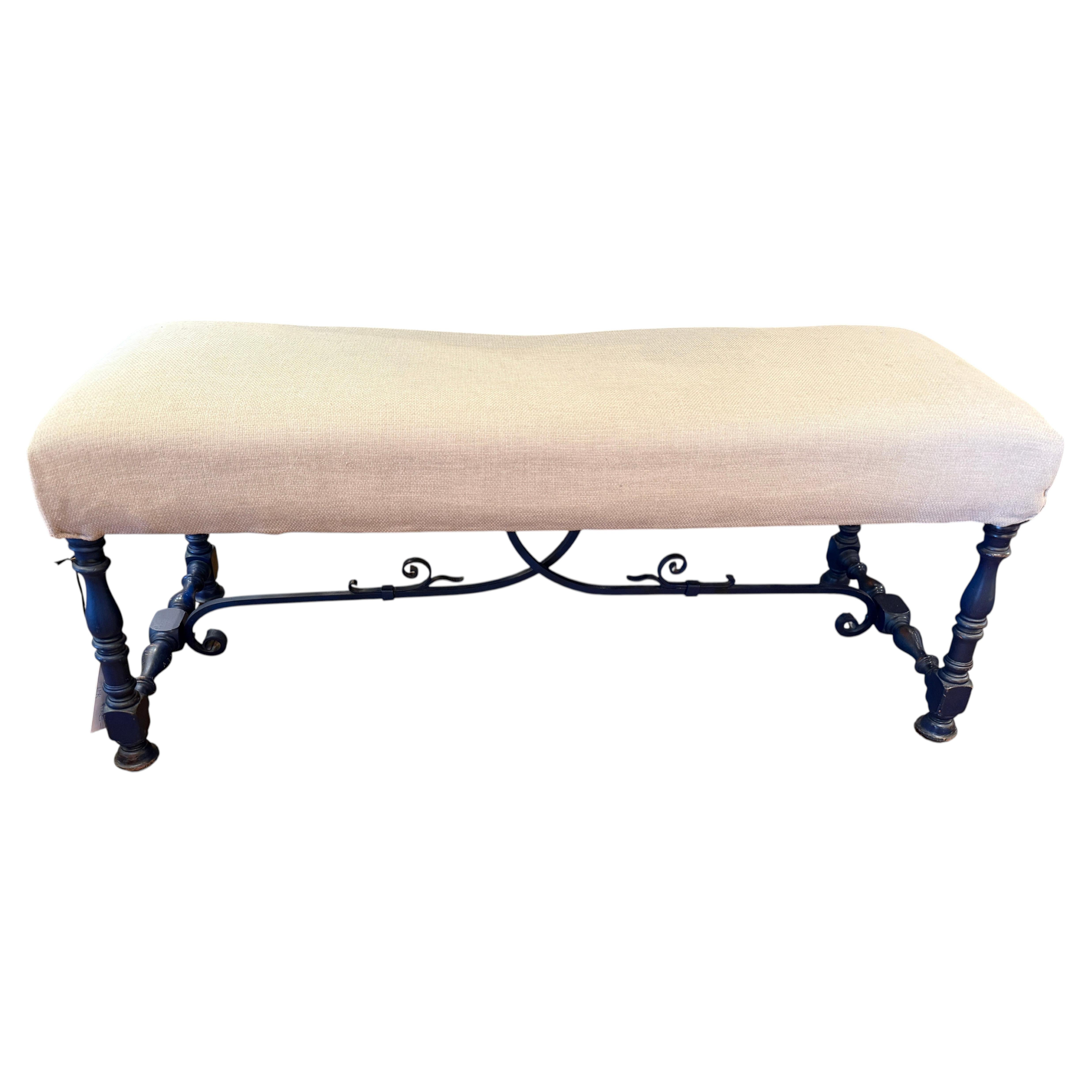 Early 20Thc Blue Painted Base & Linen Covered Seat For Sale