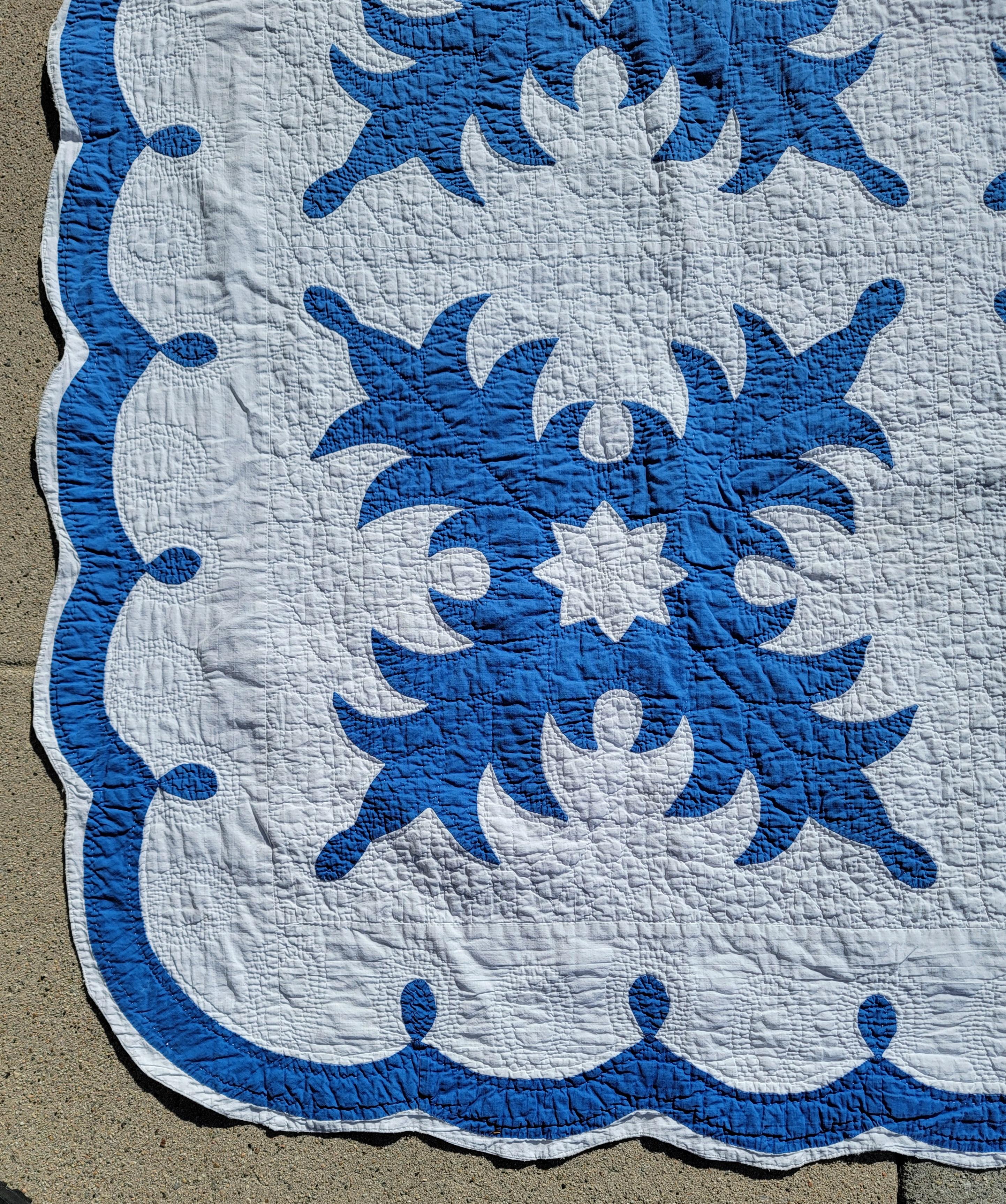 Adirondack Early 20Thc Blue & White Applique Snow Flake Quilt For Sale