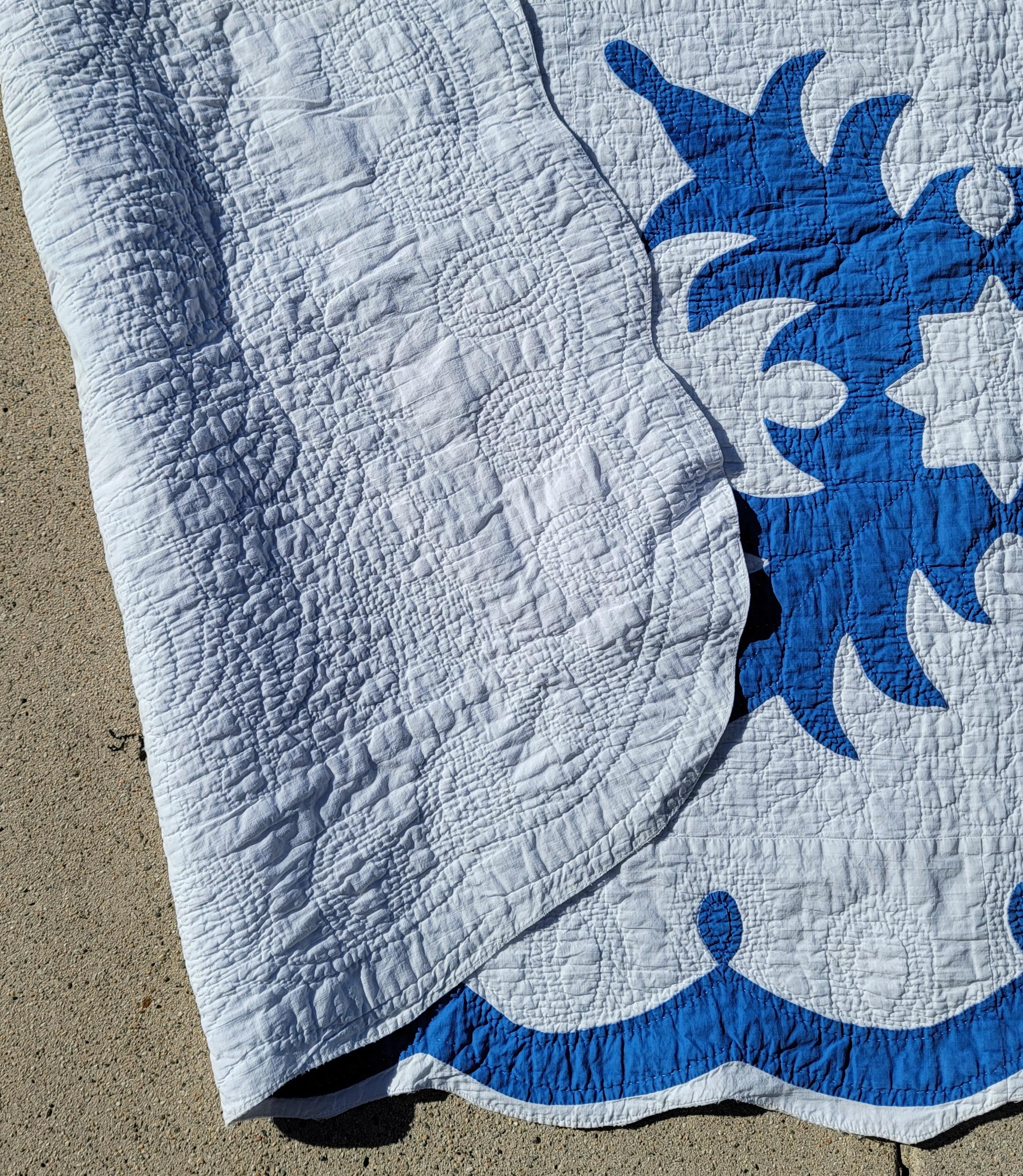 American Early 20Thc Blue & White Applique Snow Flake Quilt For Sale