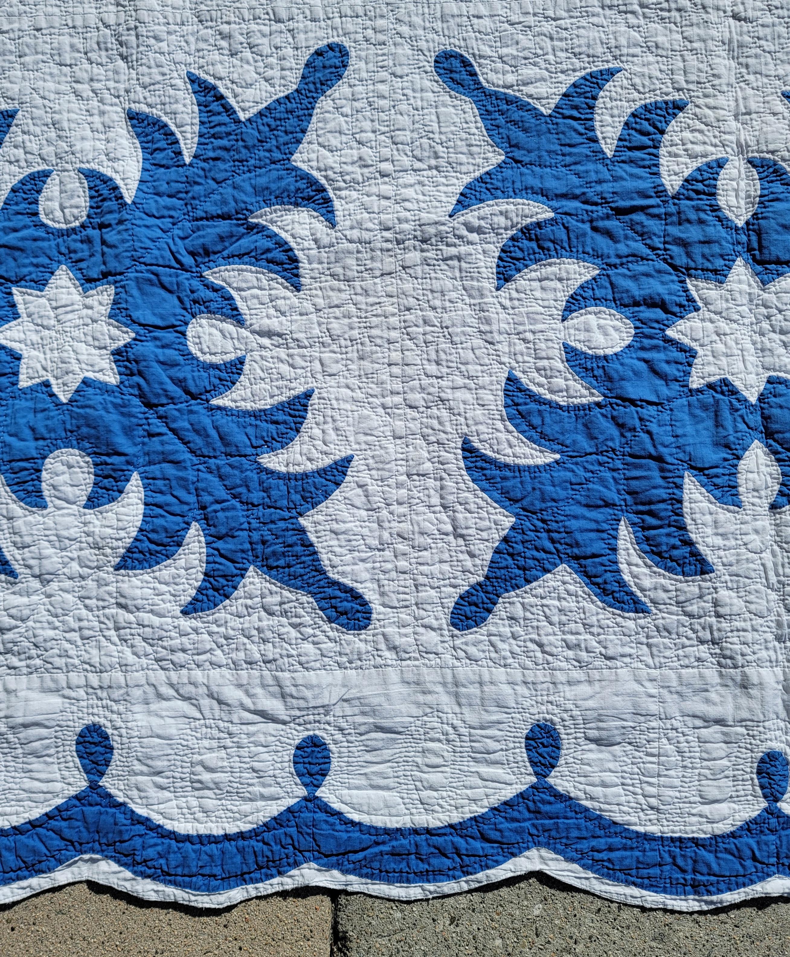 Hand-Crafted Early 20Thc Blue & White Applique Snow Flake Quilt For Sale