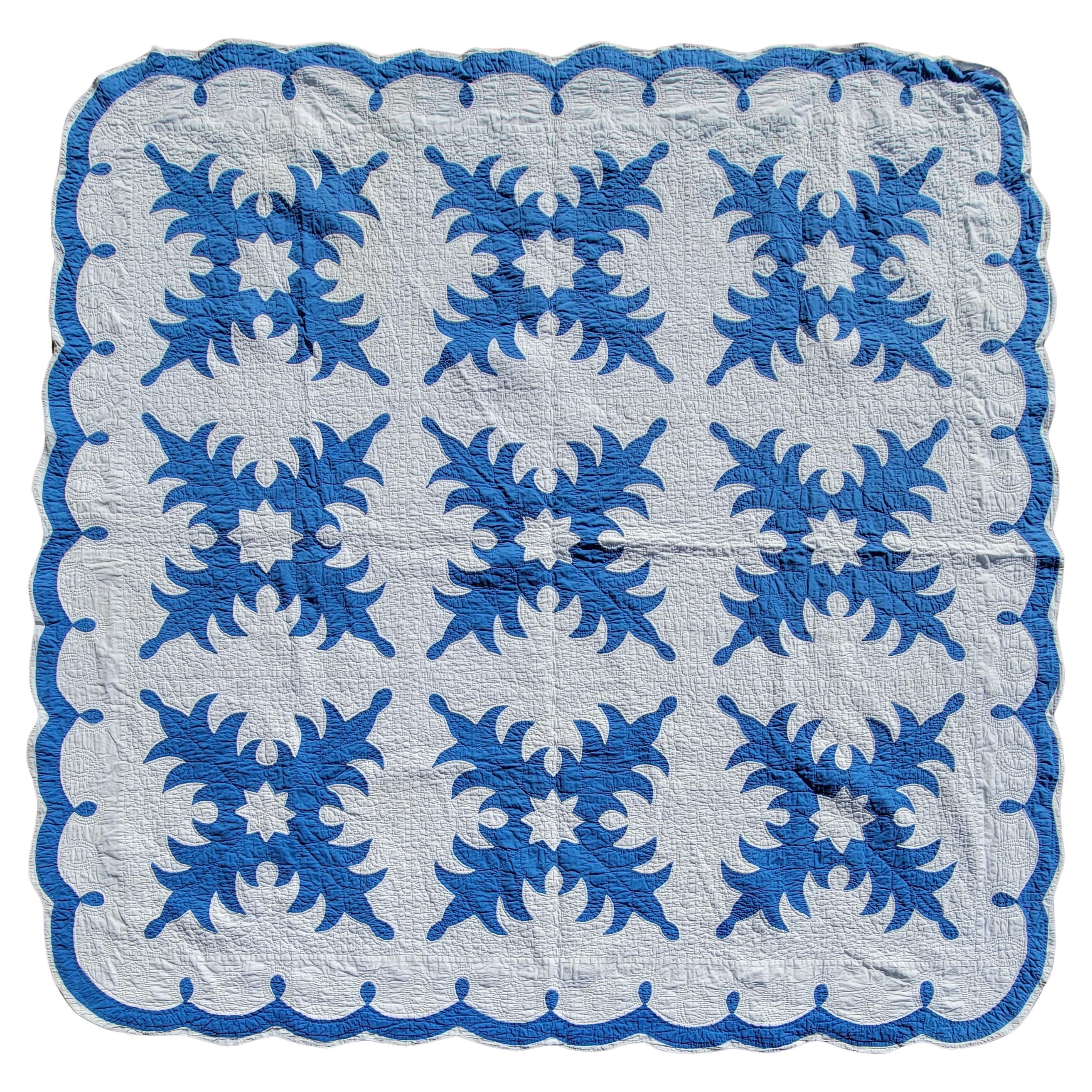 Frühe 20Thc Blau & Weiß Applique Schneeflocken Quilt