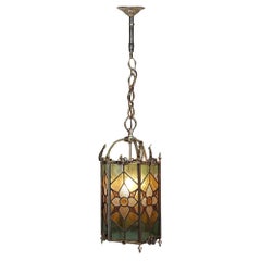 Early 20thC Brass and Leaded Stained Glass Lantern