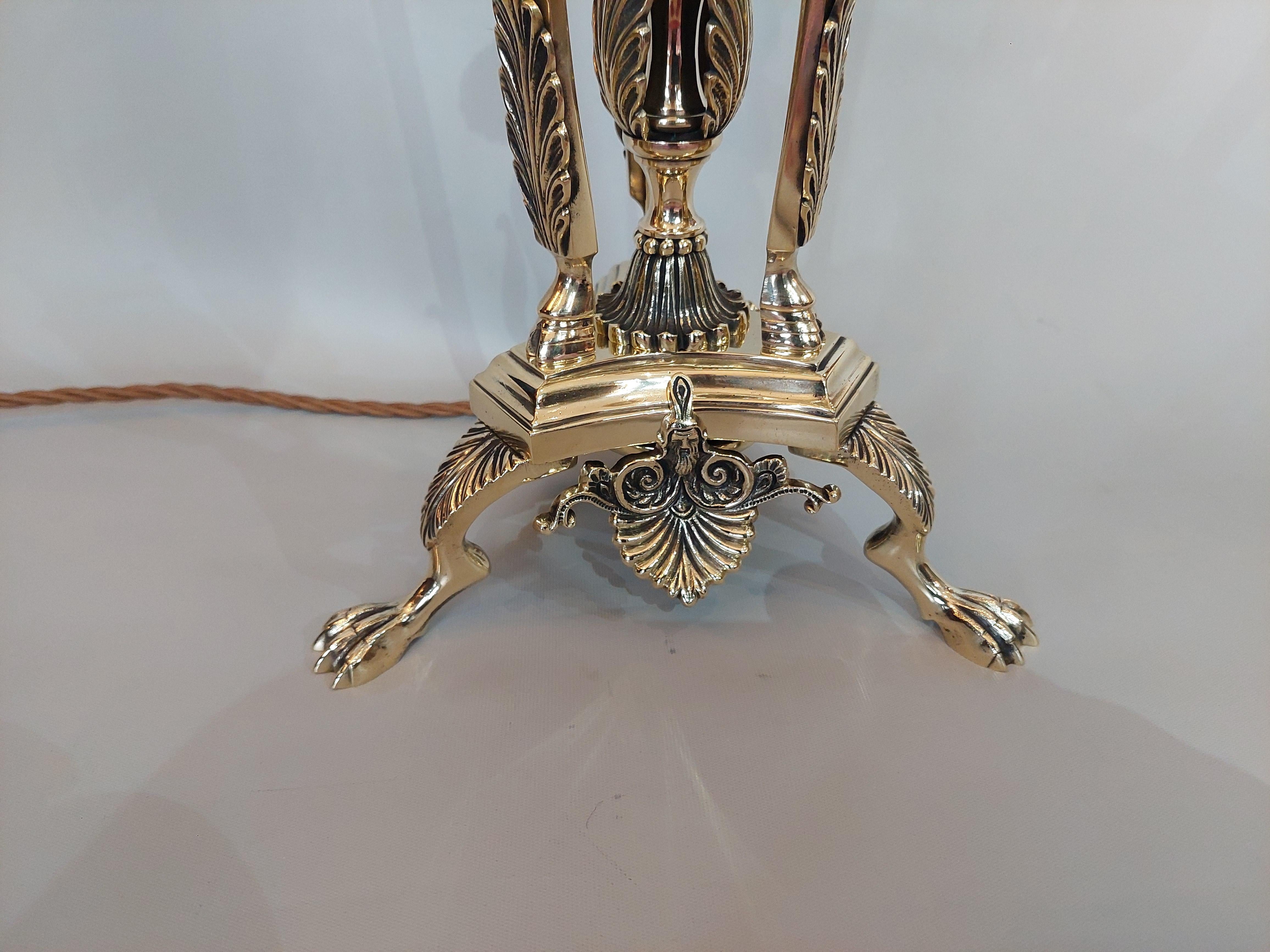 Early 20thC Brass Light Fitting, inverted tapering column decorated with applied stags heads, acanthus leaves, anthemion, and a figure of Minerva along with other classical motifs, raised on paw feet - 14