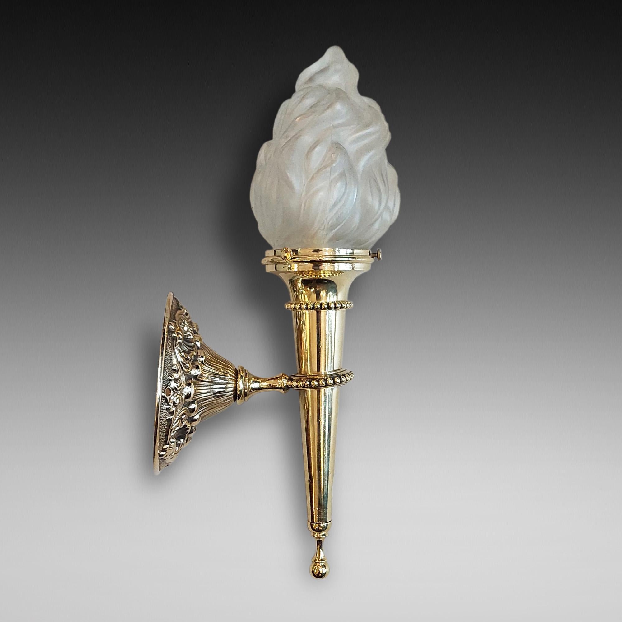 Early 20thC Brass Wall Light the Sconce in the form of a Flaming Torch and Pressed Brass Plate - 5.5