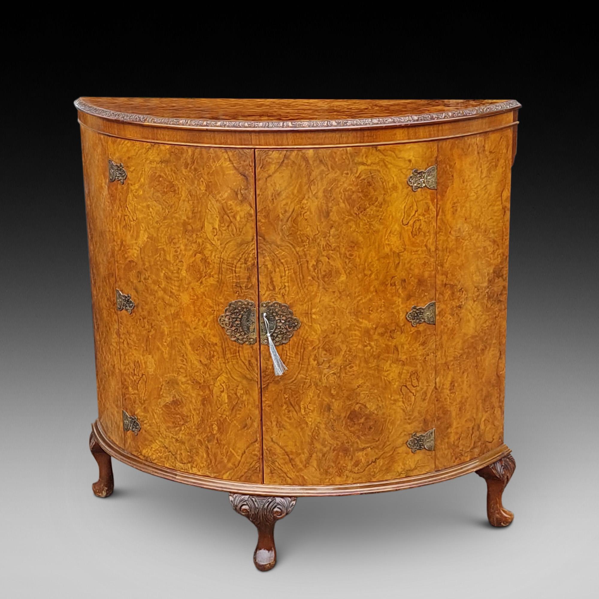 Early 20thC Burr Walnut Demi-Lune Side Cocktail Drinks Cabinet - with a pair of doors with an internal shelf and brass mounts, raised upon carved cabriole legs - 41