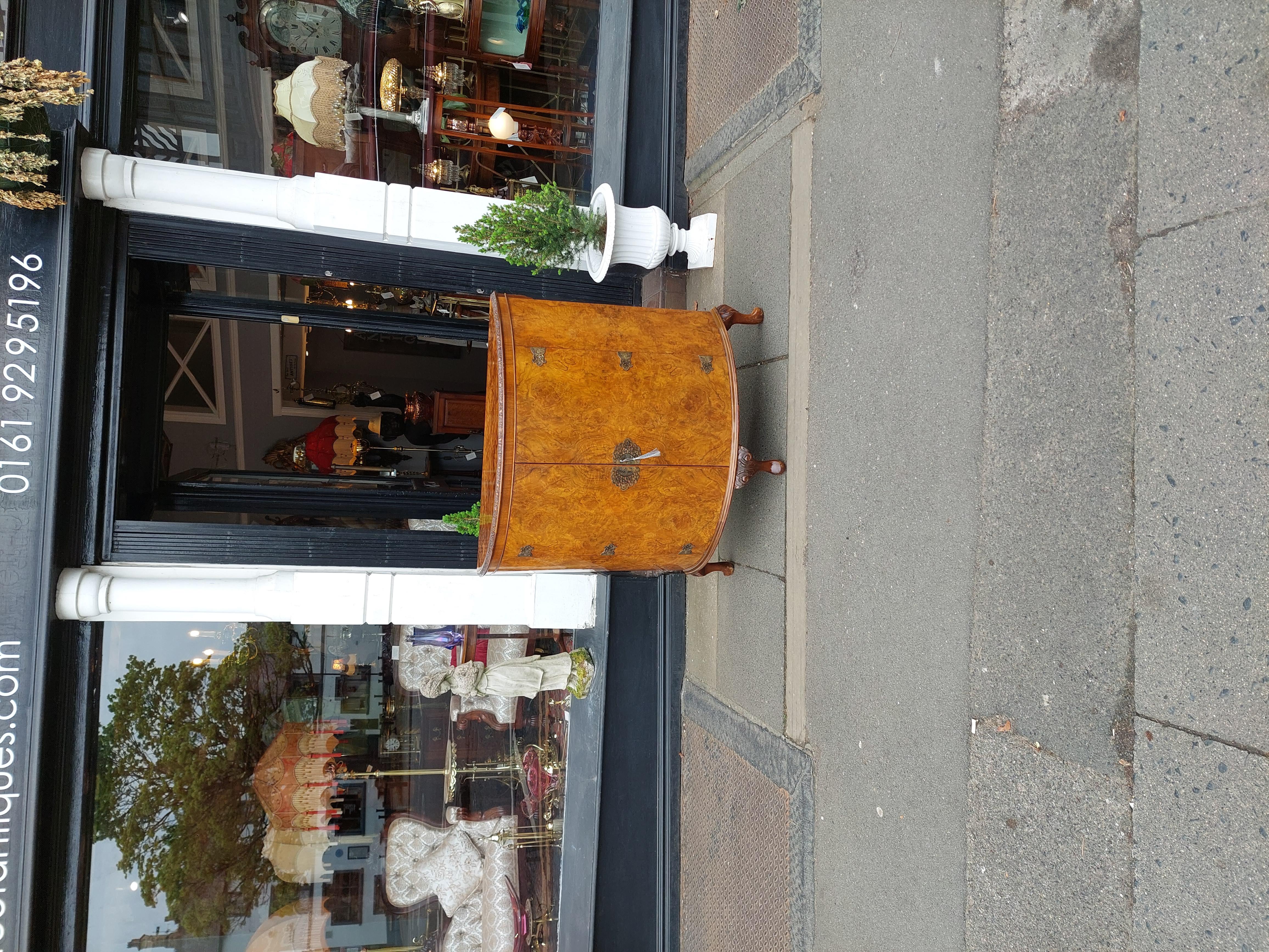 English Early 20thC Burr Walnut Demi-Lune Drinks Cabinet For Sale