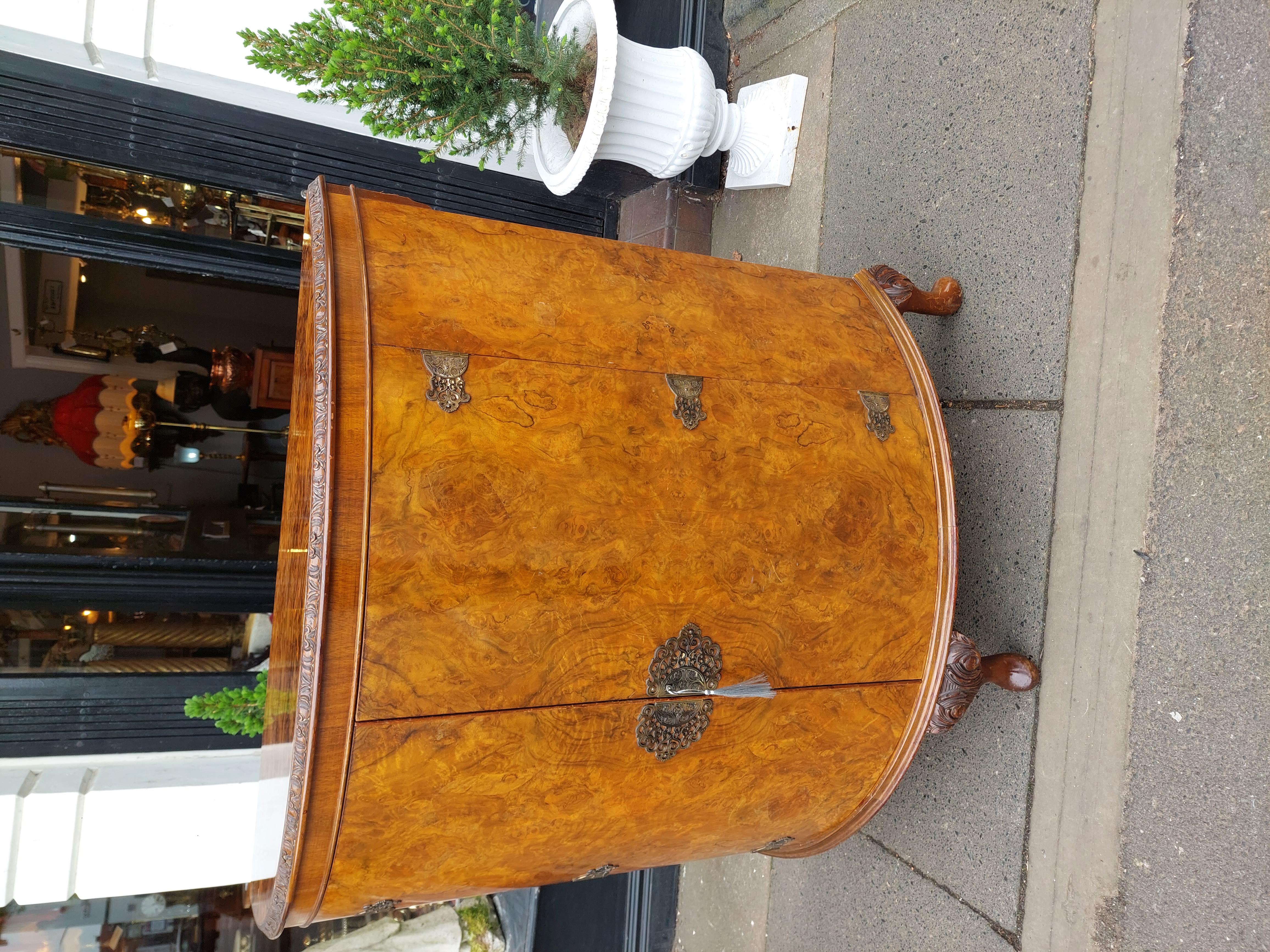 Early 20thC Burr Walnut Demi-Lune Drinks Cabinet For Sale 1