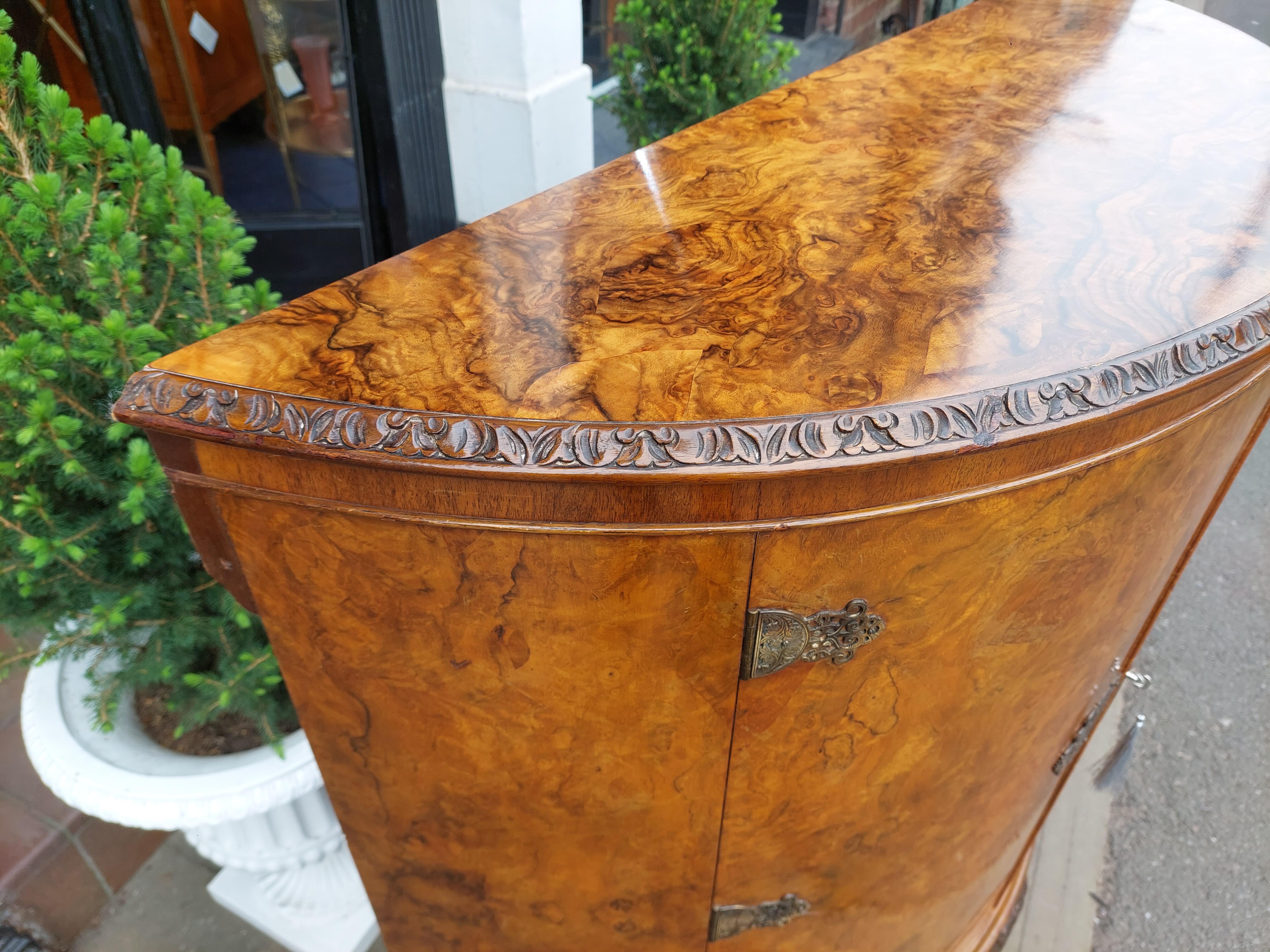 Early 20thC Burr Walnut Demi-Lune Drinks Cabinet For Sale 3