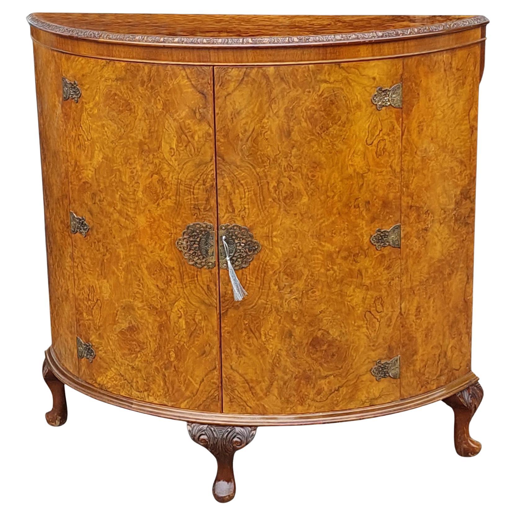 Early 20thC Burr Walnut Demi-Lune Drinks Cabinet For Sale