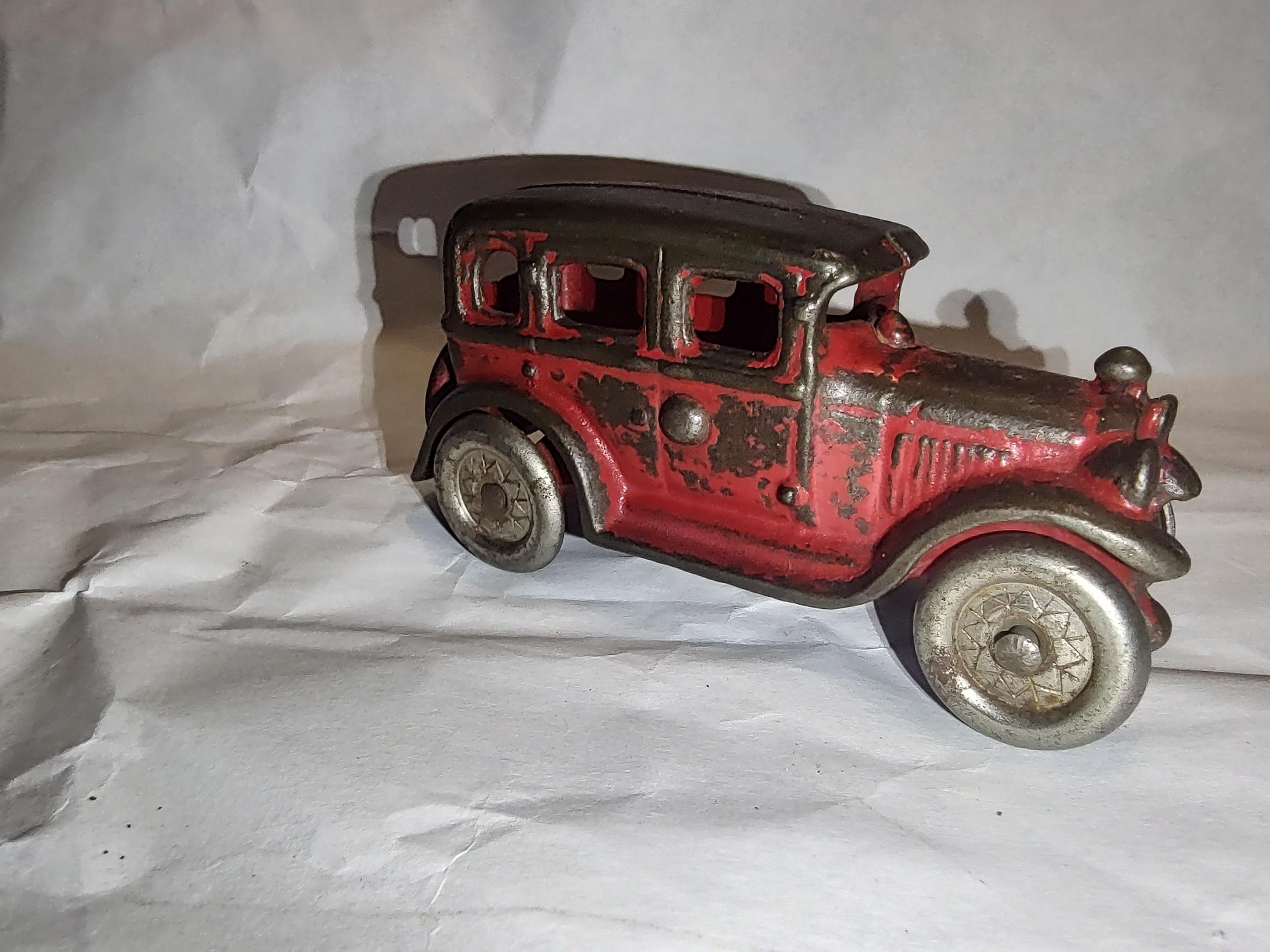 American Early 20th C Cast Iron Toy Sedan by A C Williams Original Red with Nickel Wheels For Sale