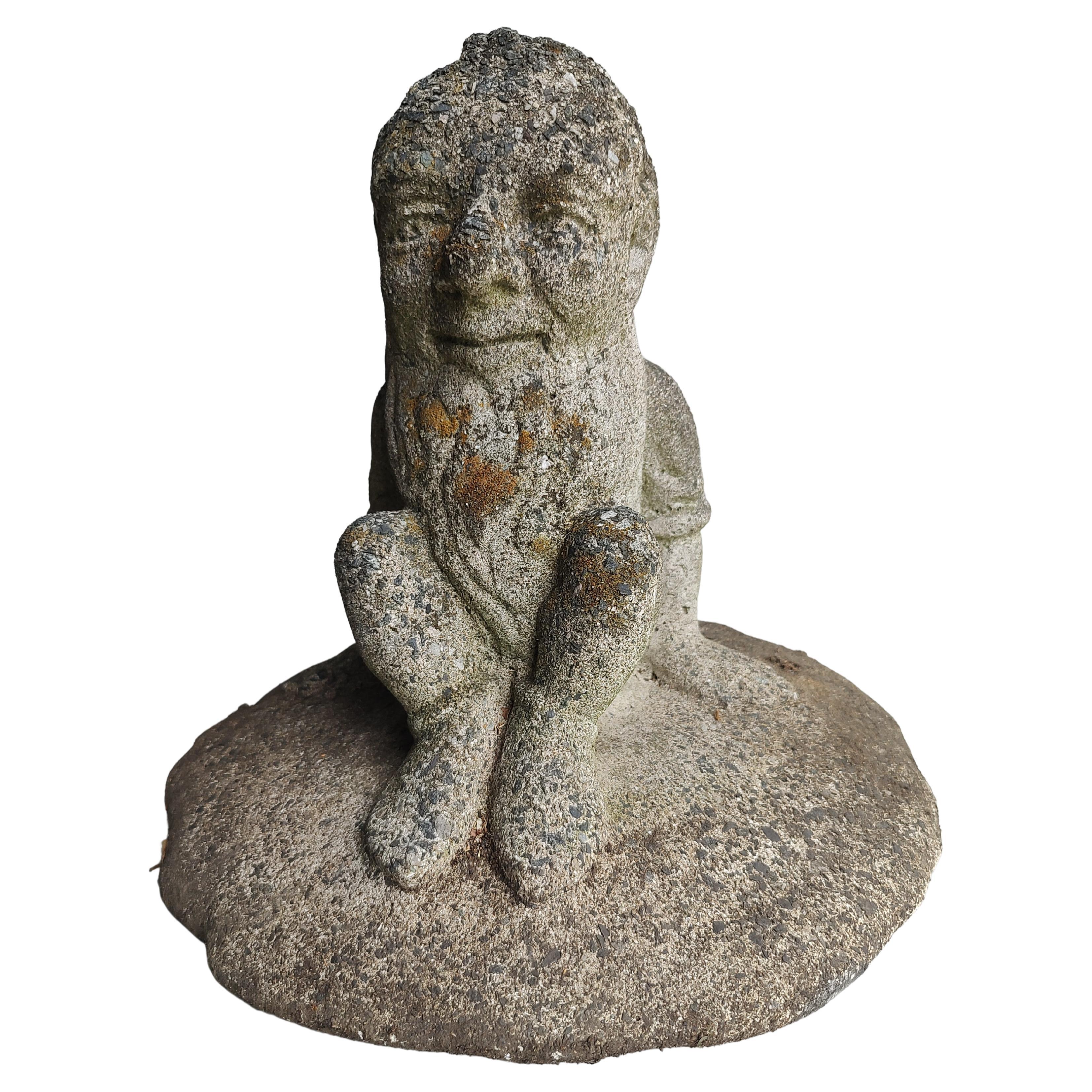 Early 20th Century Cast Stone Garden Gnome Sitting on a Pad For Sale 3