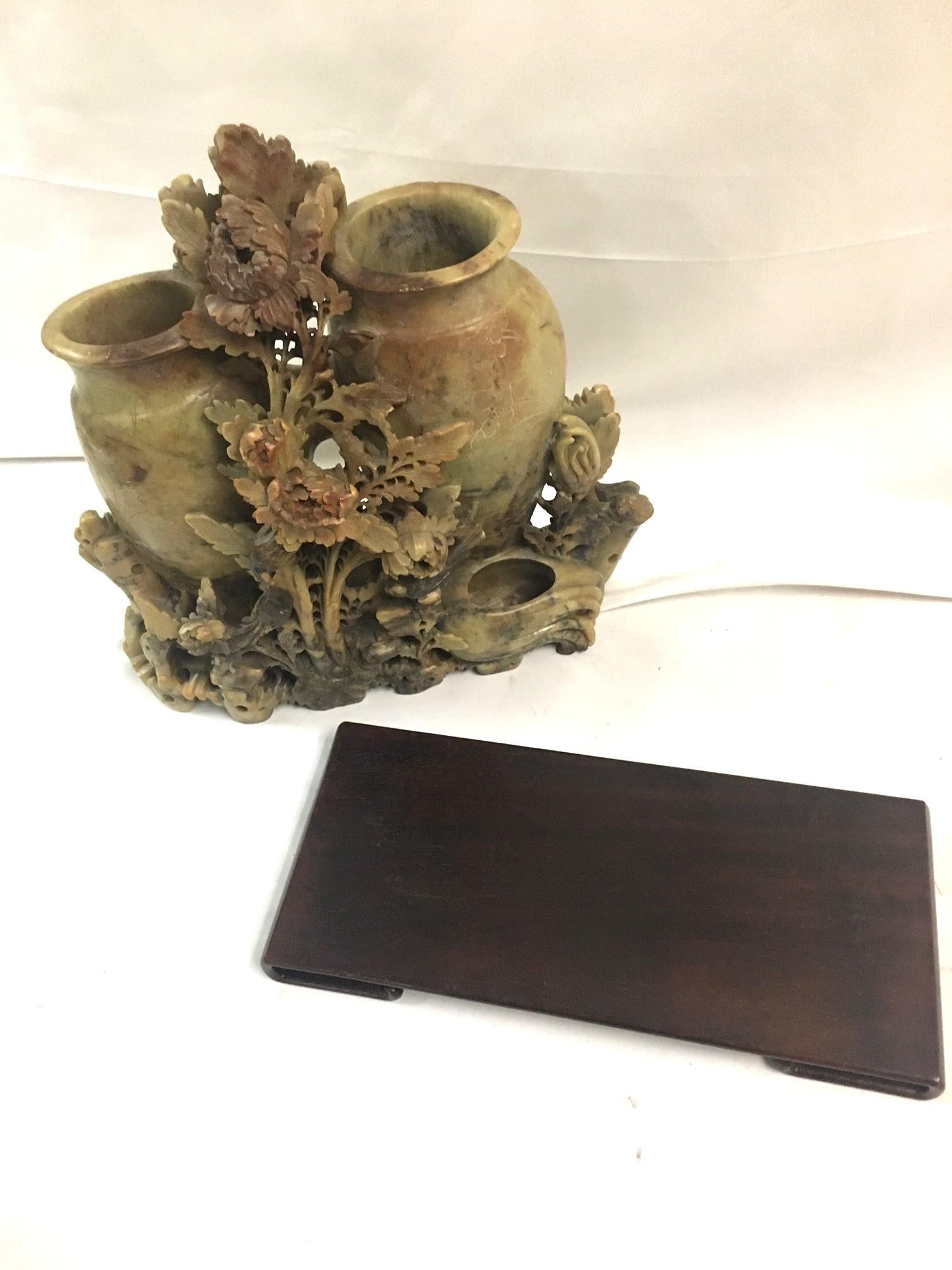 Early 20thc Chinese Soapstone Carving of Flowers & Birds on Teakwood Stand For Sale 6