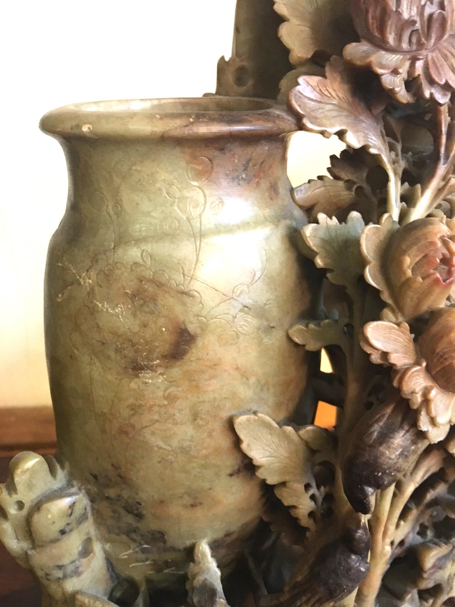 Early 20thc Chinese Soapstone Carving of Flowers & Birds on Teakwood Stand In Good Condition For Sale In Savannah, GA