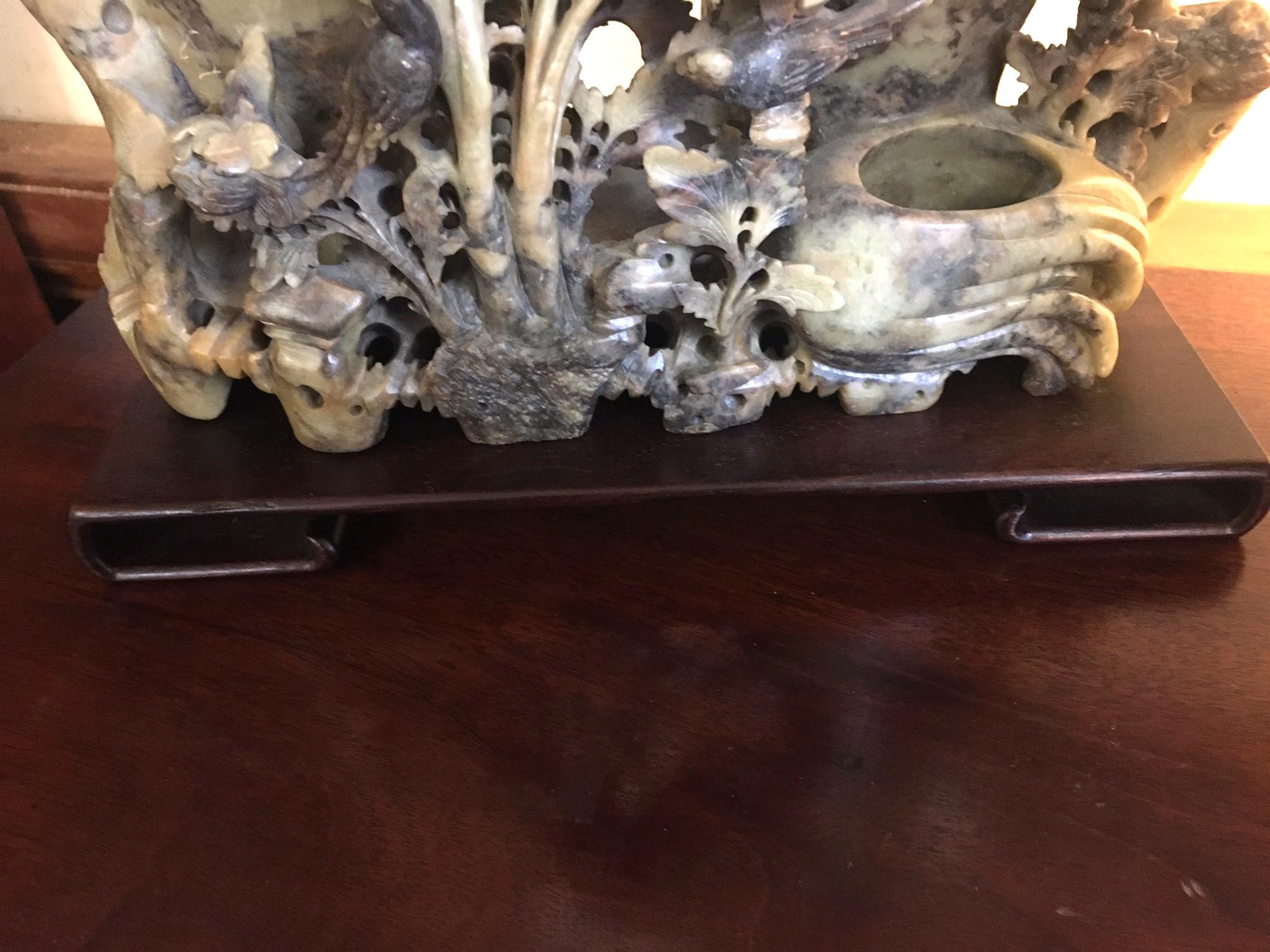 Early 20thc Chinese Soapstone Carving of Flowers & Birds on Teakwood Stand For Sale 1