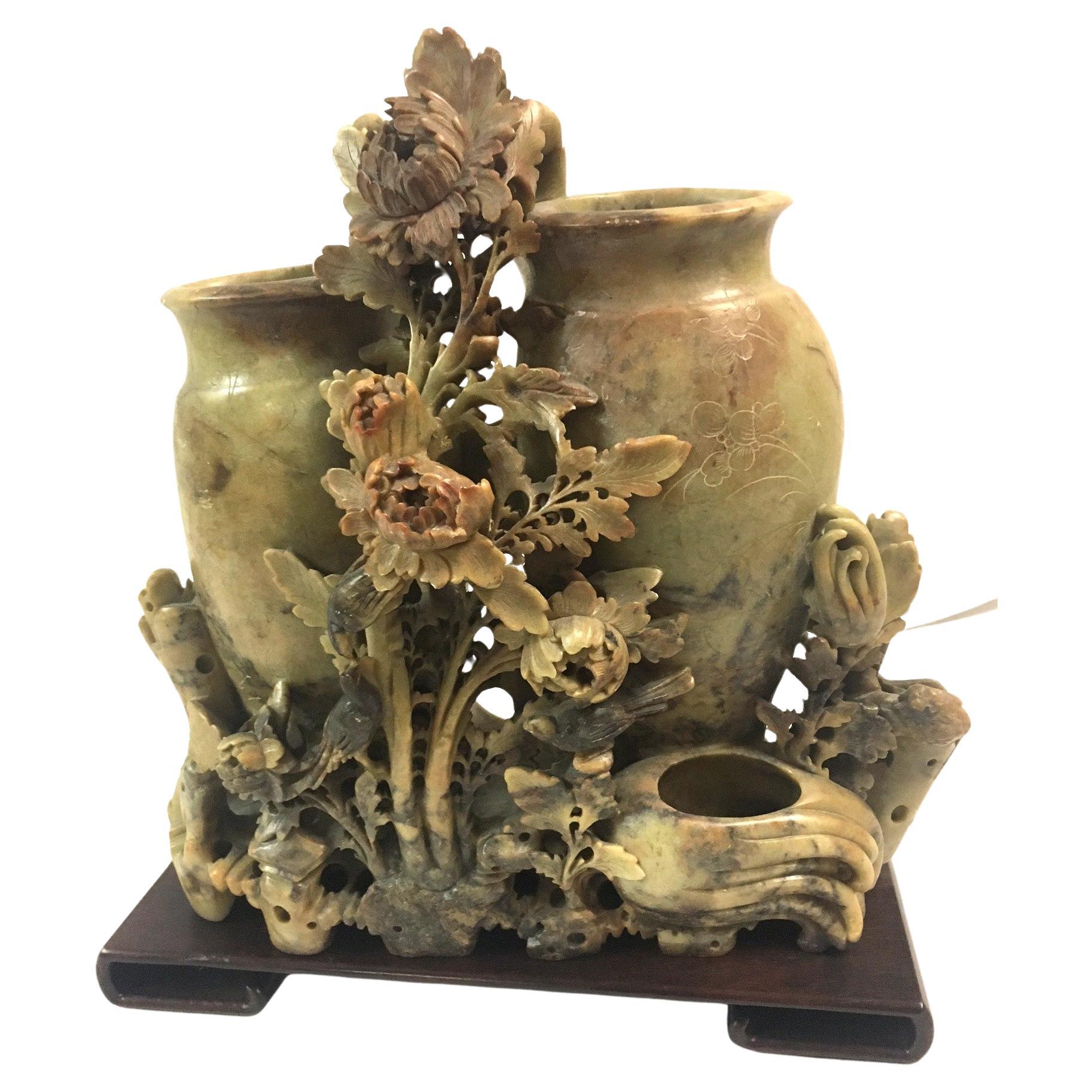 Early 20thc Chinese Soapstone Carving of Flowers & Birds on Teakwood Stand