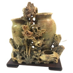 Early 20thc Chinese Soapstone Carving of Flowers & Birds on Teakwood Stand