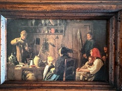 Dutch Genre Interior Scene, Oil on Panel, Mid-Century, Framed