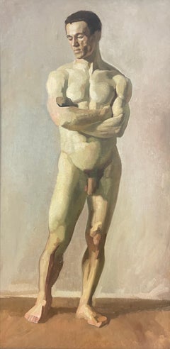 Enormous 1900's Dutch Impressionist Oil Male Nude Portrait, Full Length Nude Man