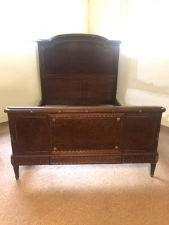 Early 20thc French Louis XVI Style Carved Walnut Bed w/ Bronze Ormolu Mounts