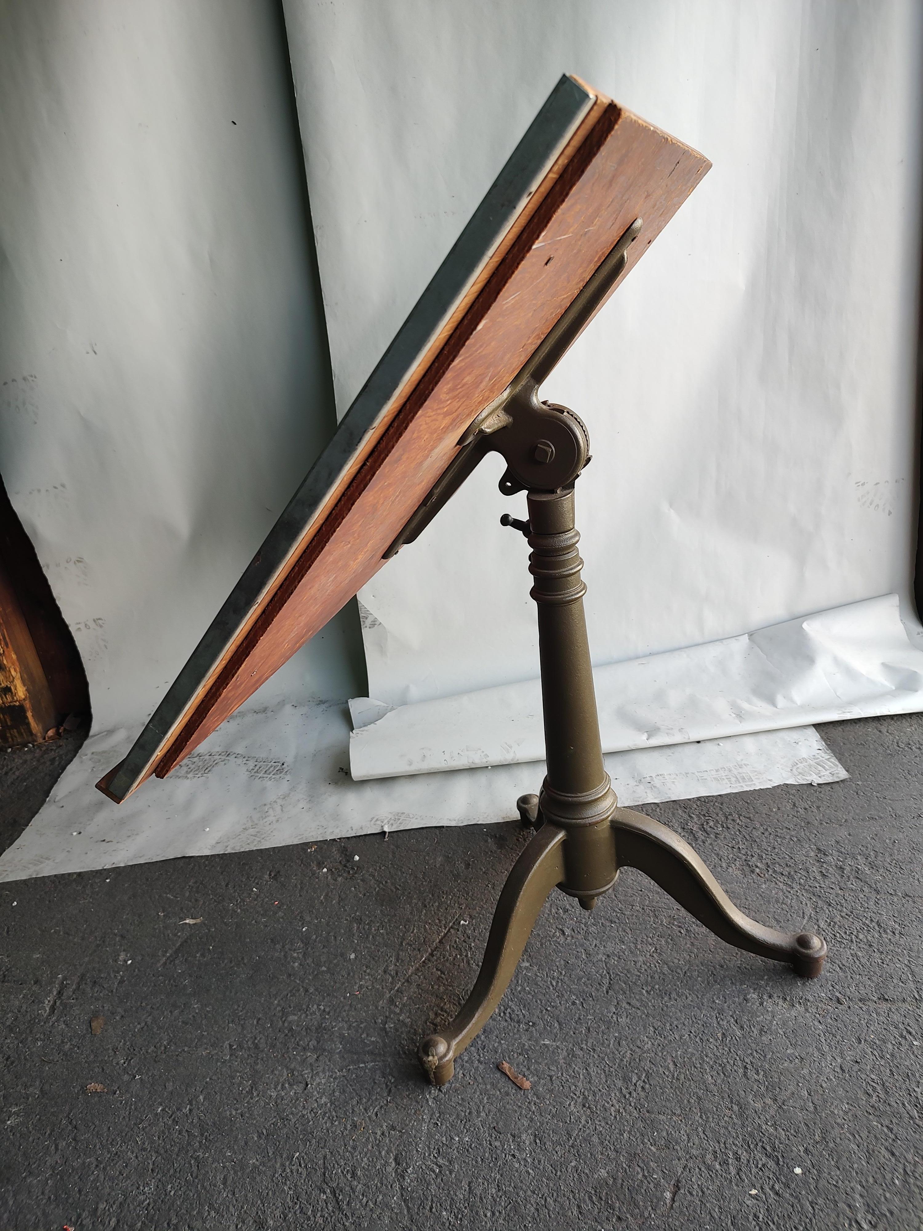 Industrial Early 20thC Fully Adjustable Drafting Table in Original Paint Military Green