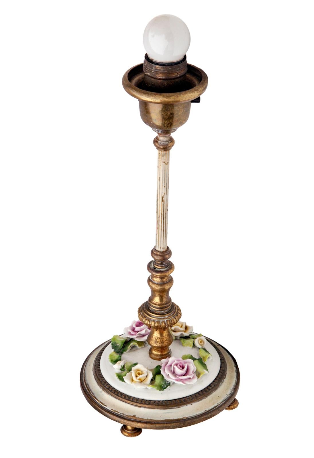Early 20thC German Brass Va6gnity Lamps/Porcelain Flowers; a pair For Sale 4