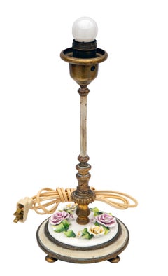 Antique German Brass Vanity Lamps with Porcelain Flowers, 20th Century, A Pair