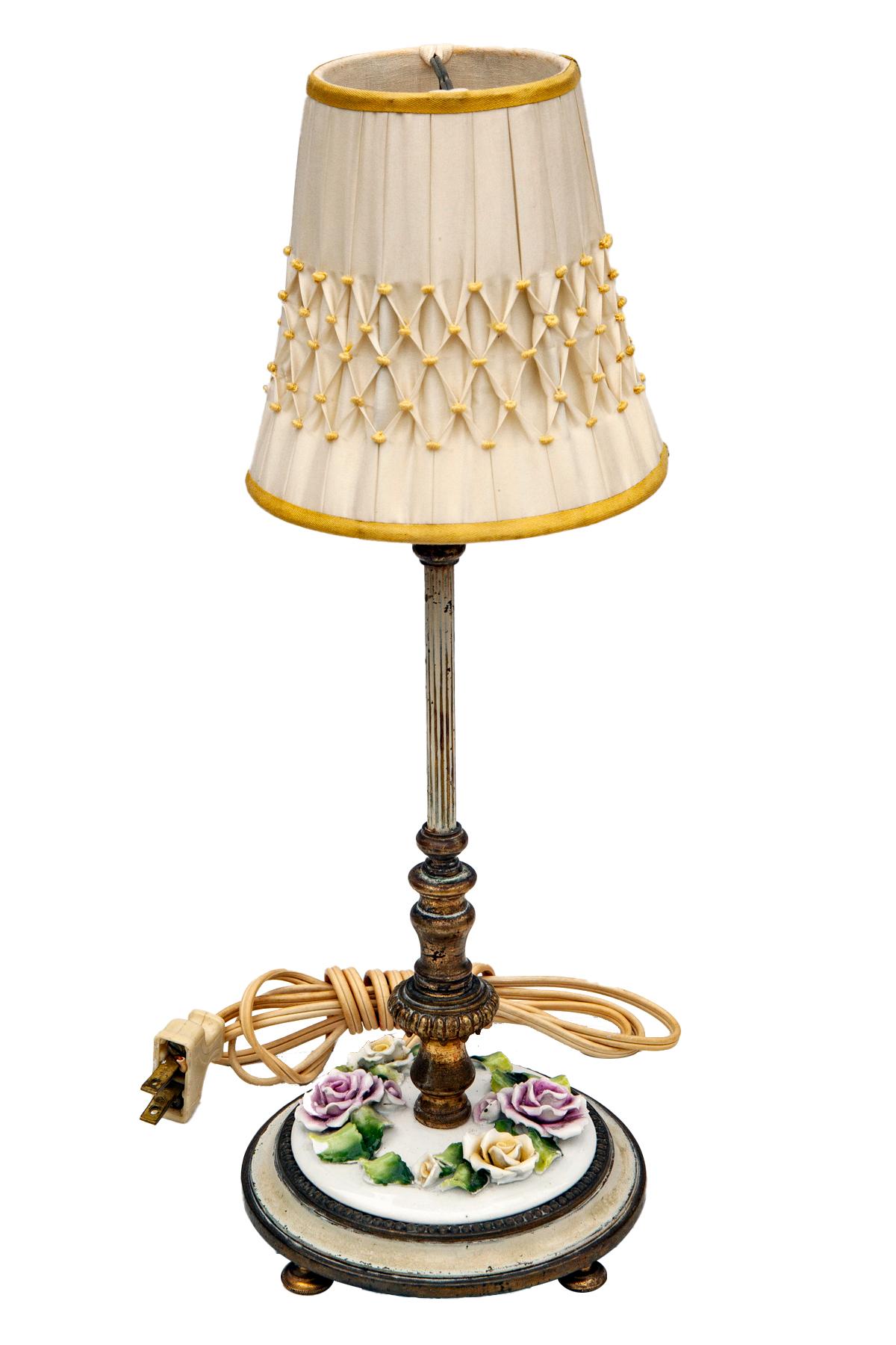 Romantic Early 20thC German Brass Va6gnity Lamps/Porcelain Flowers; a pair For Sale