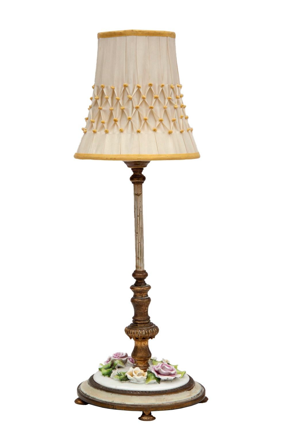 20th Century Early 20thC German Brass Va6gnity Lamps/Porcelain Flowers; a pair For Sale