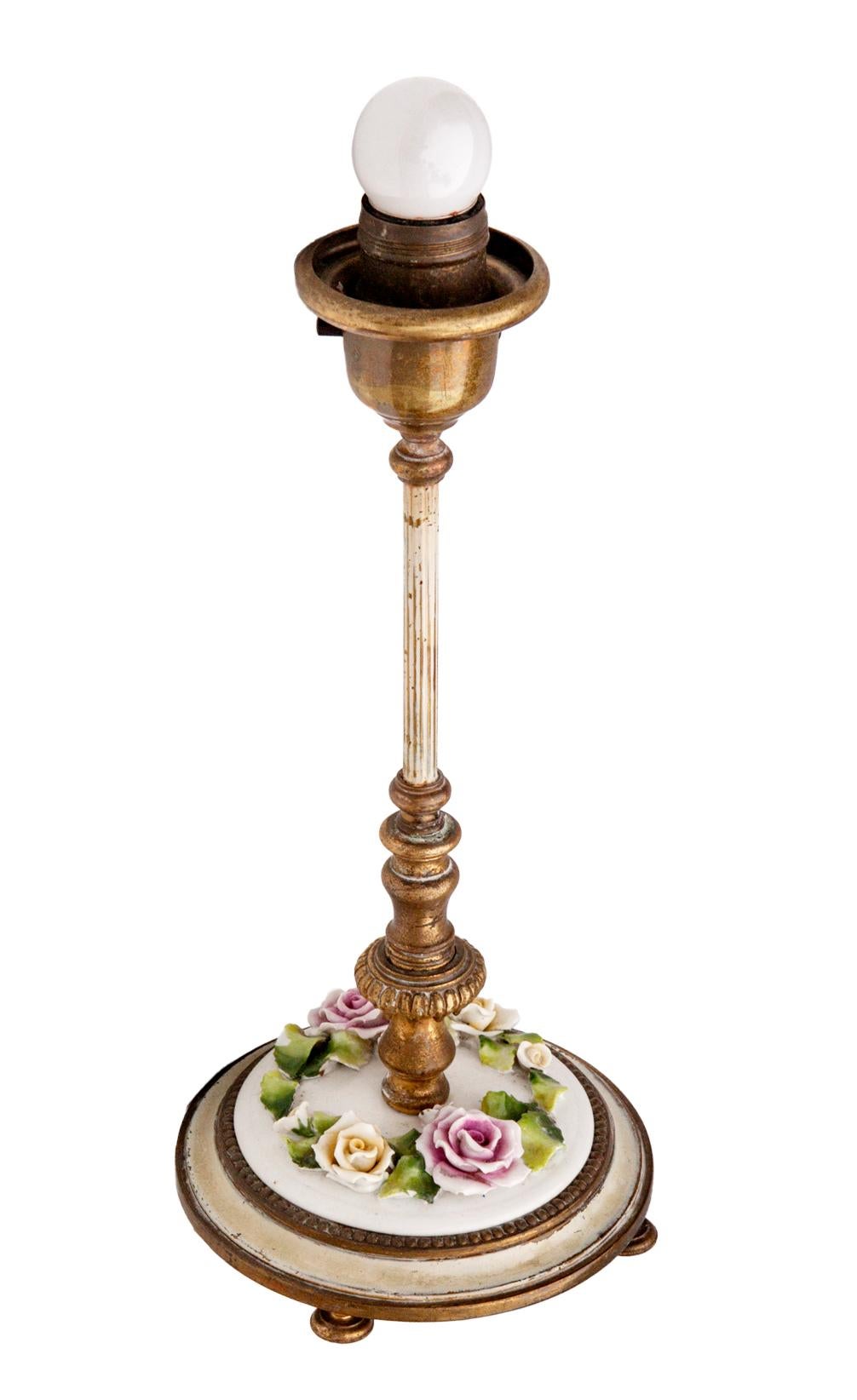 Early 20thC German Brass Va6gnity Lamps/Porcelain Flowers; a pair For Sale 3