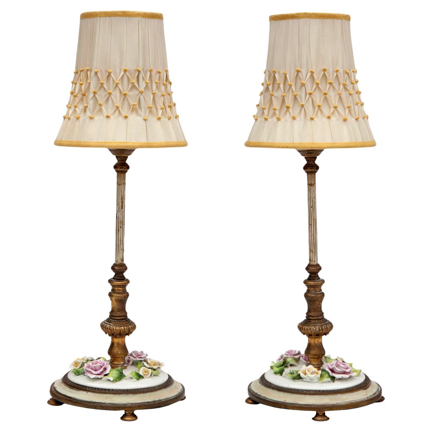 Early 20thC German Brass Va6gnity Lamps/Porcelain Flowers; a pair For Sale