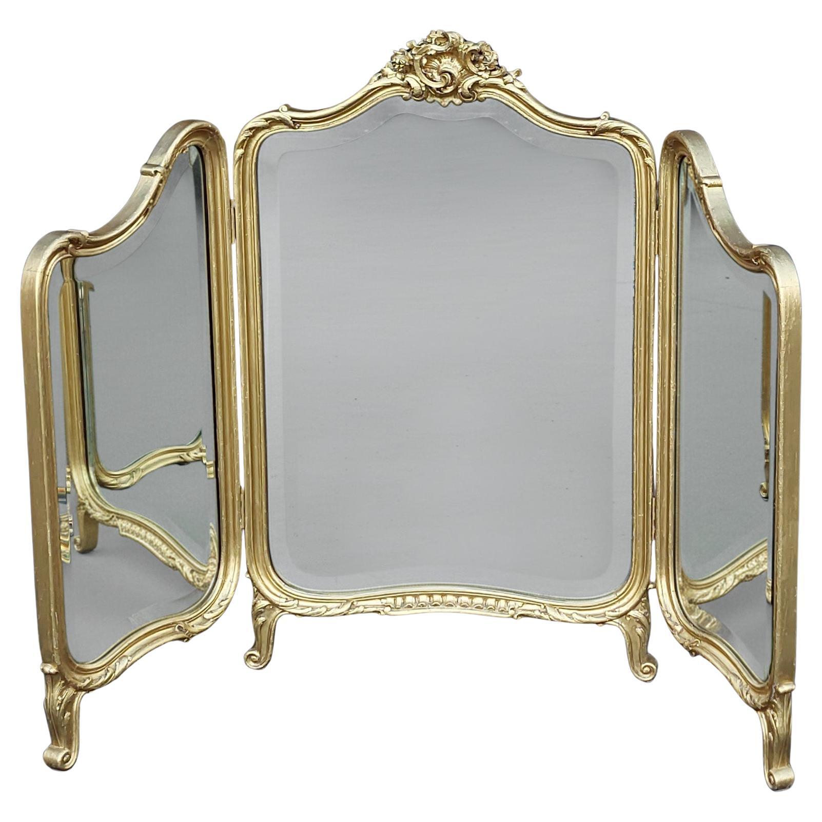 Early 20thC Gilt Folding Triple Dressing Table Mirror For Sale