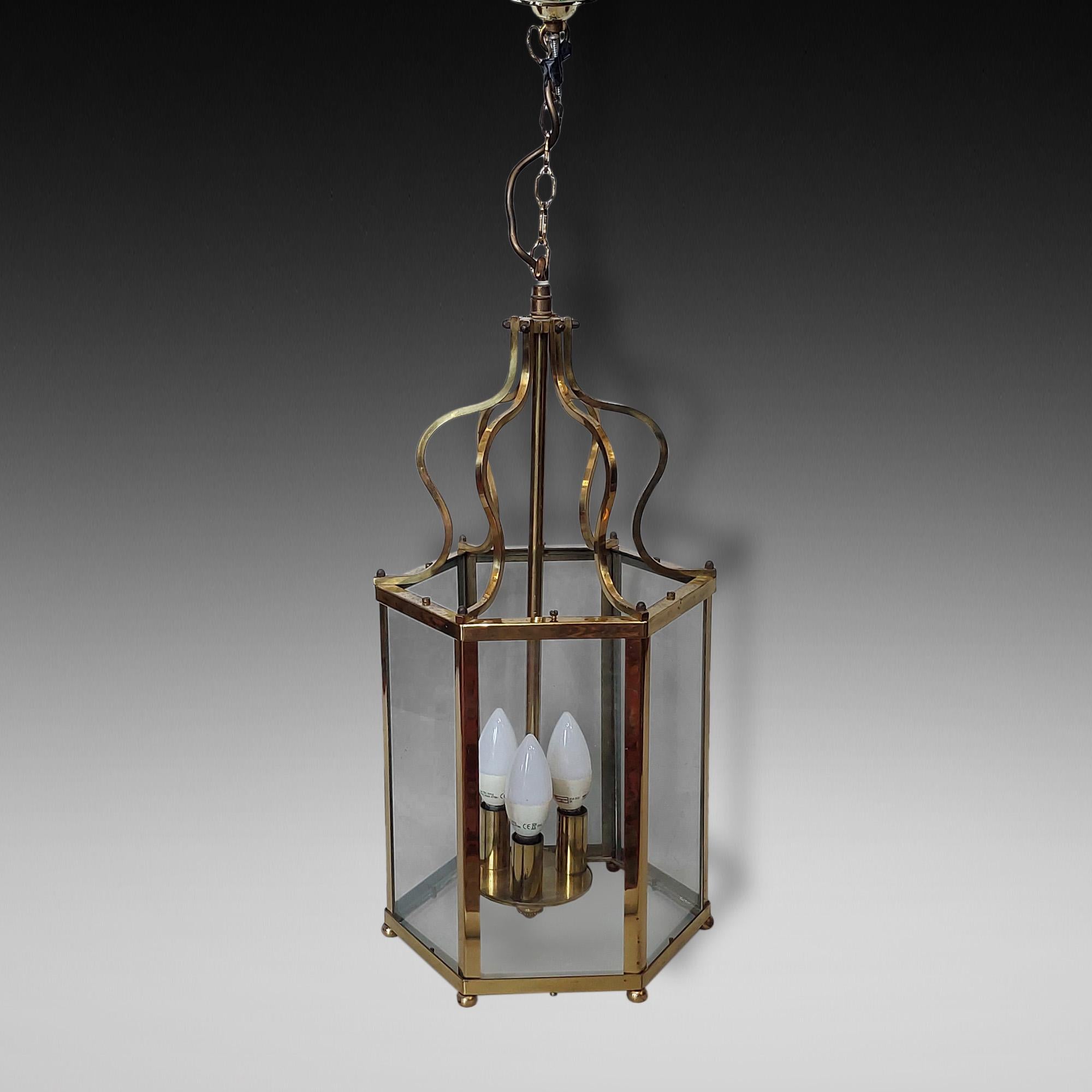 Early 20thC Hexagonal Brass Hall Lantern with glass panelling and triple lightholders - 9