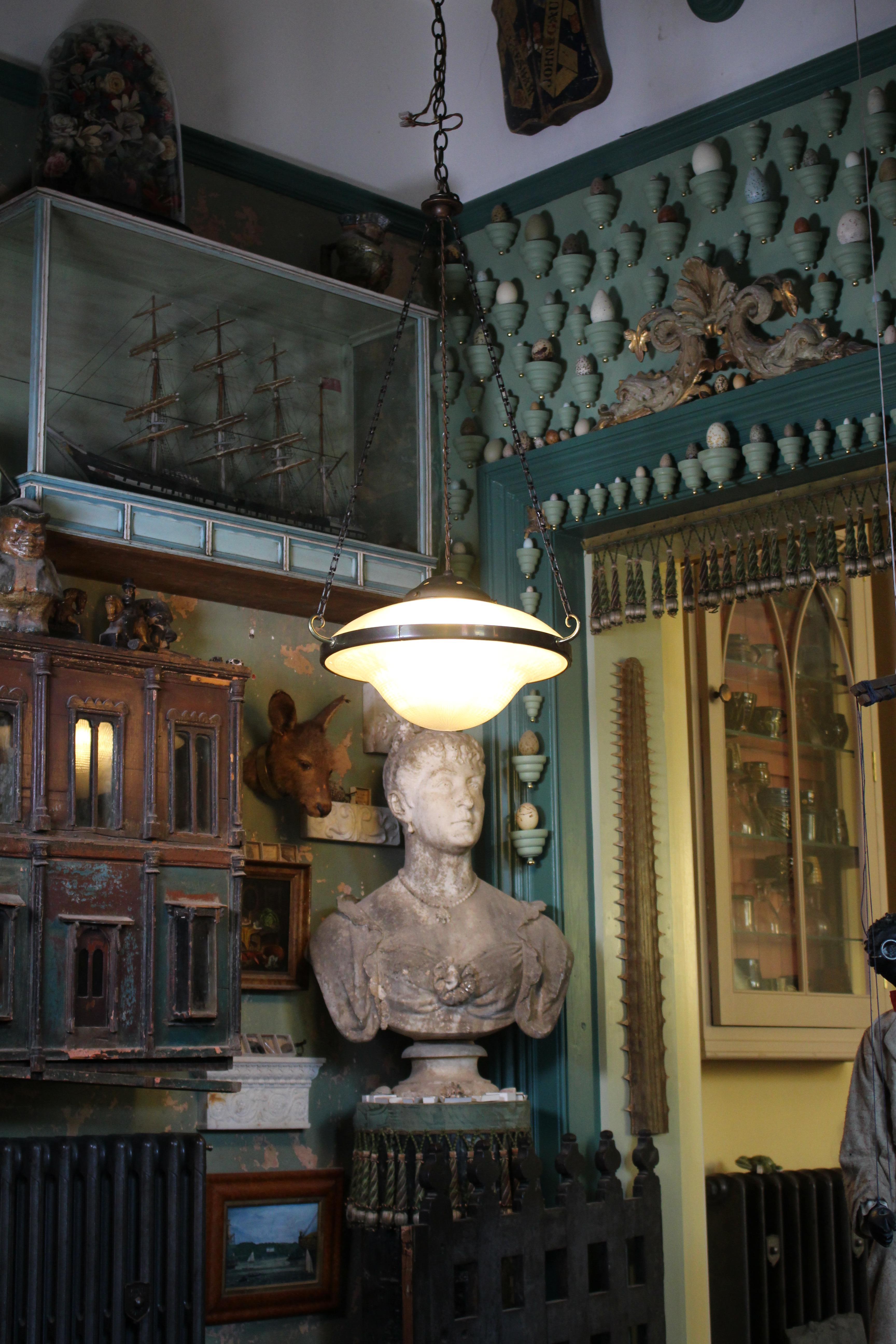 Early 20thC Huge Art Deco Holophane Prismatic Glass Flying Saucer Pendant Light 9