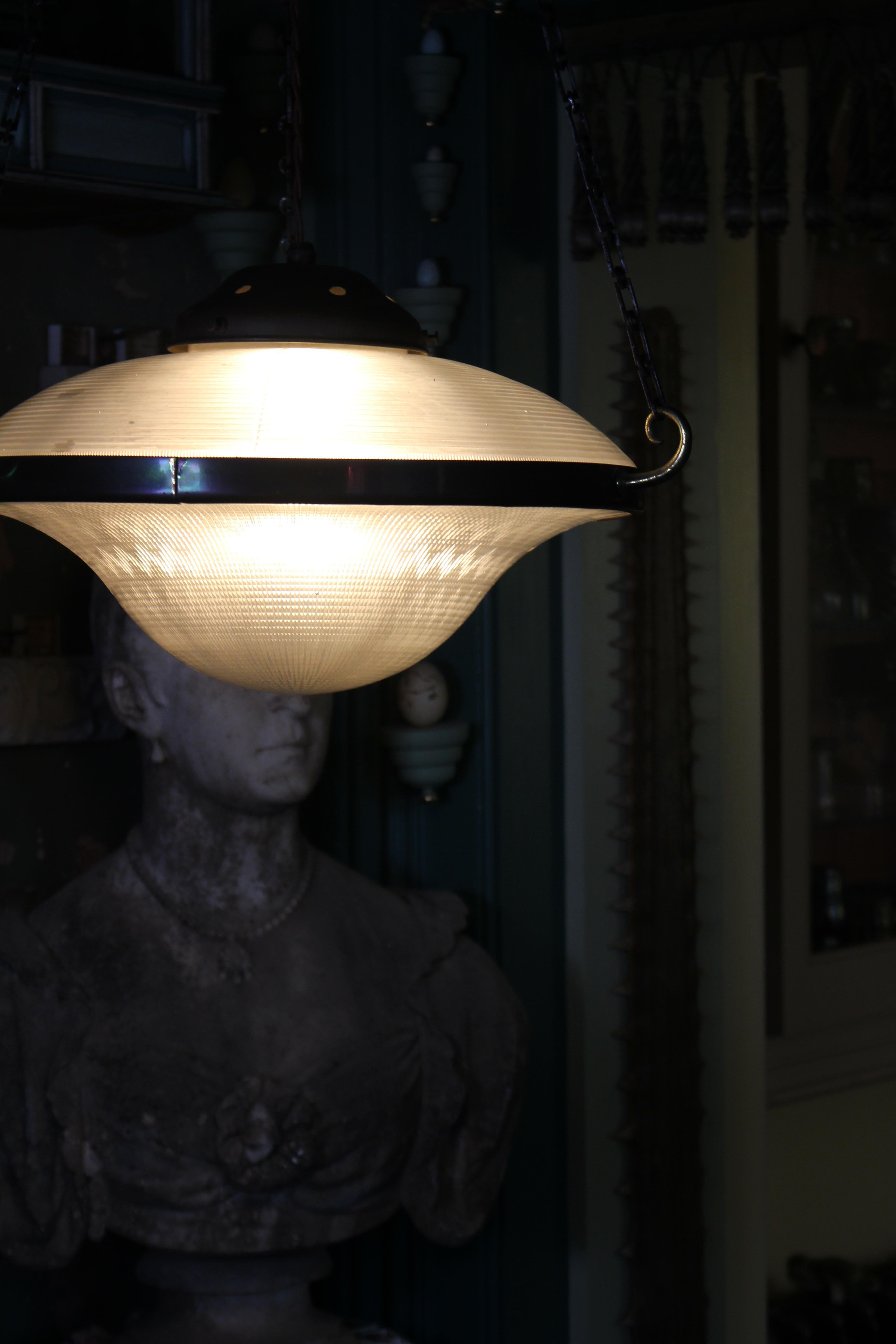 Early 20thC Huge Art Deco Holophane Prismatic Glass Flying Saucer Pendant Light 10
