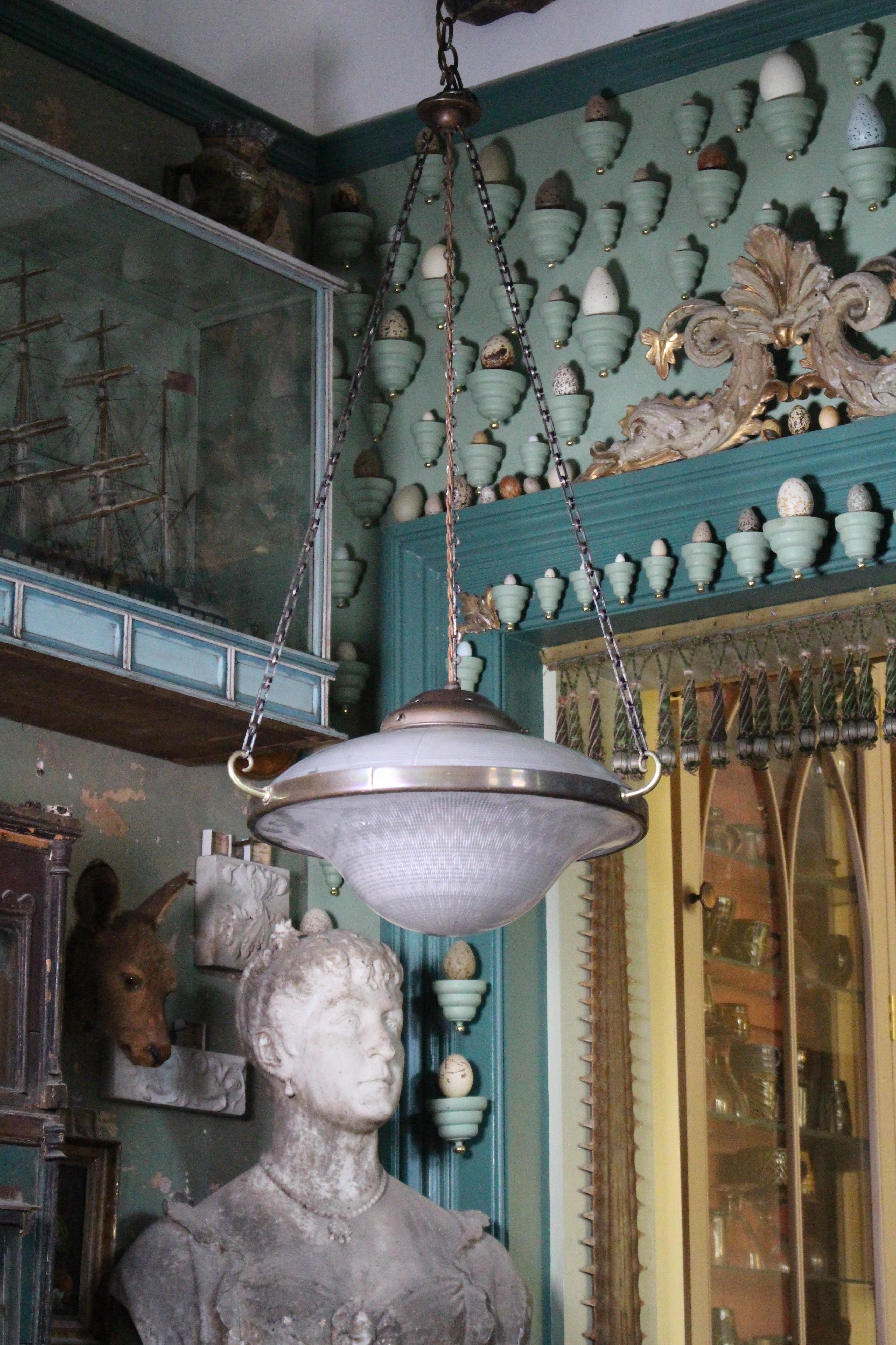 English Early 20thC Huge Art Deco Holophane Prismatic Glass Flying Saucer Pendant Light