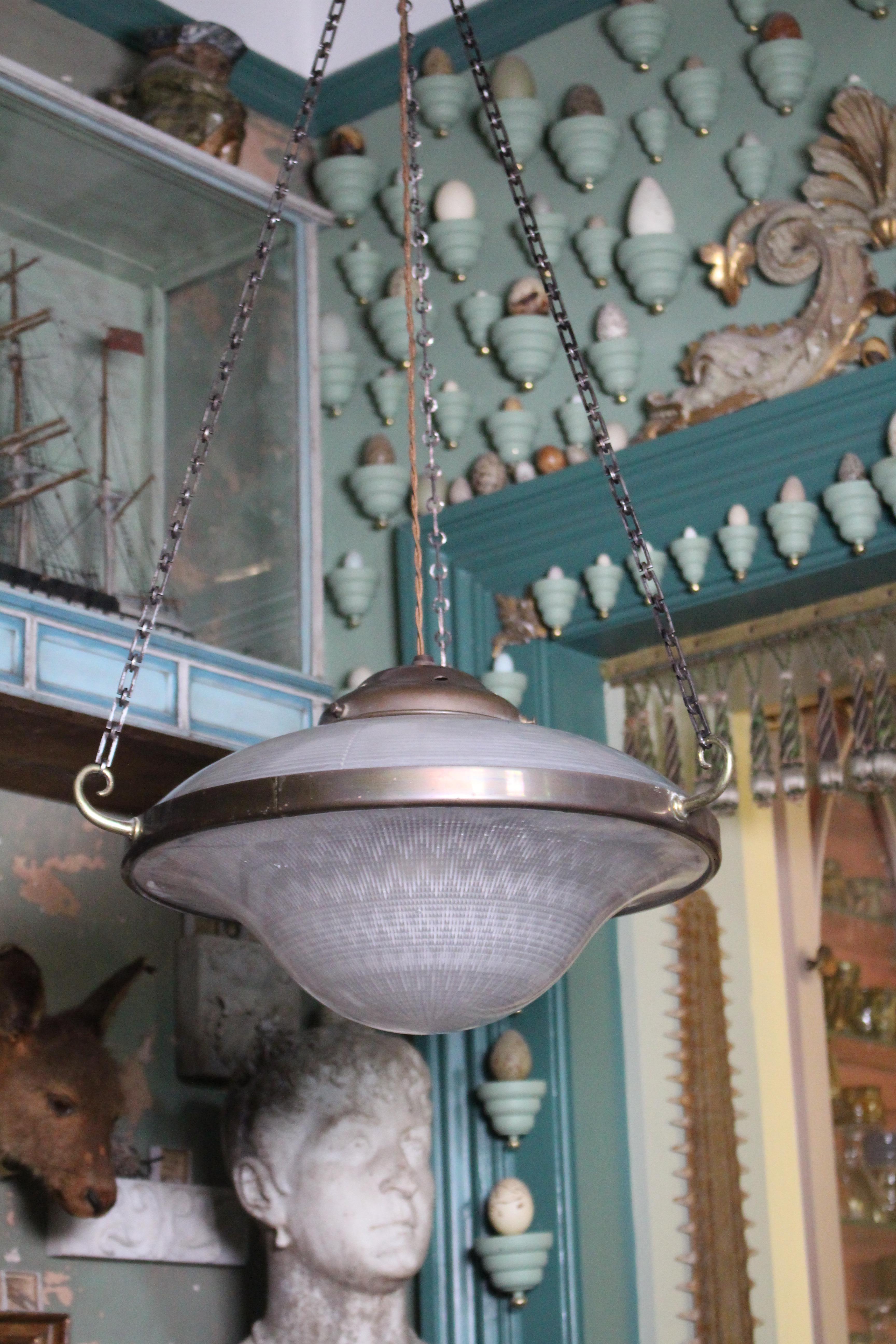 Early 20thC Huge Art Deco Holophane Prismatic Glass Flying Saucer Pendant Light 2