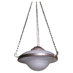 Early 20thC Huge Art Deco Holophane Prismatic Glass Flying Saucer Pendant Light