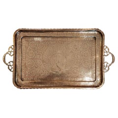 Antique Early 20thC Indian Brass Tray with Engraved & Lacquered Peacock Decoration