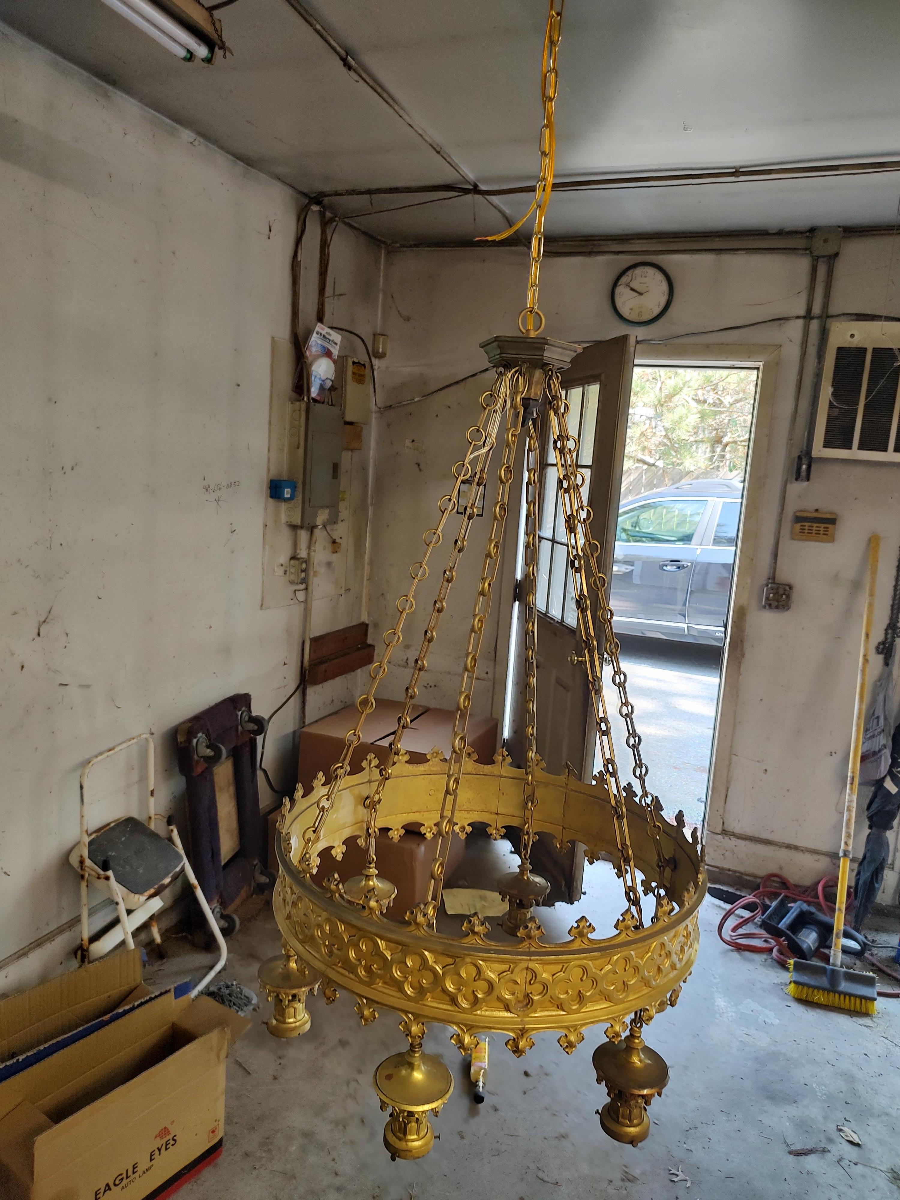 Early 20thc Large Brass Gilt Gothic Style Chandelier Restored Theatre Lamp For Sale 3