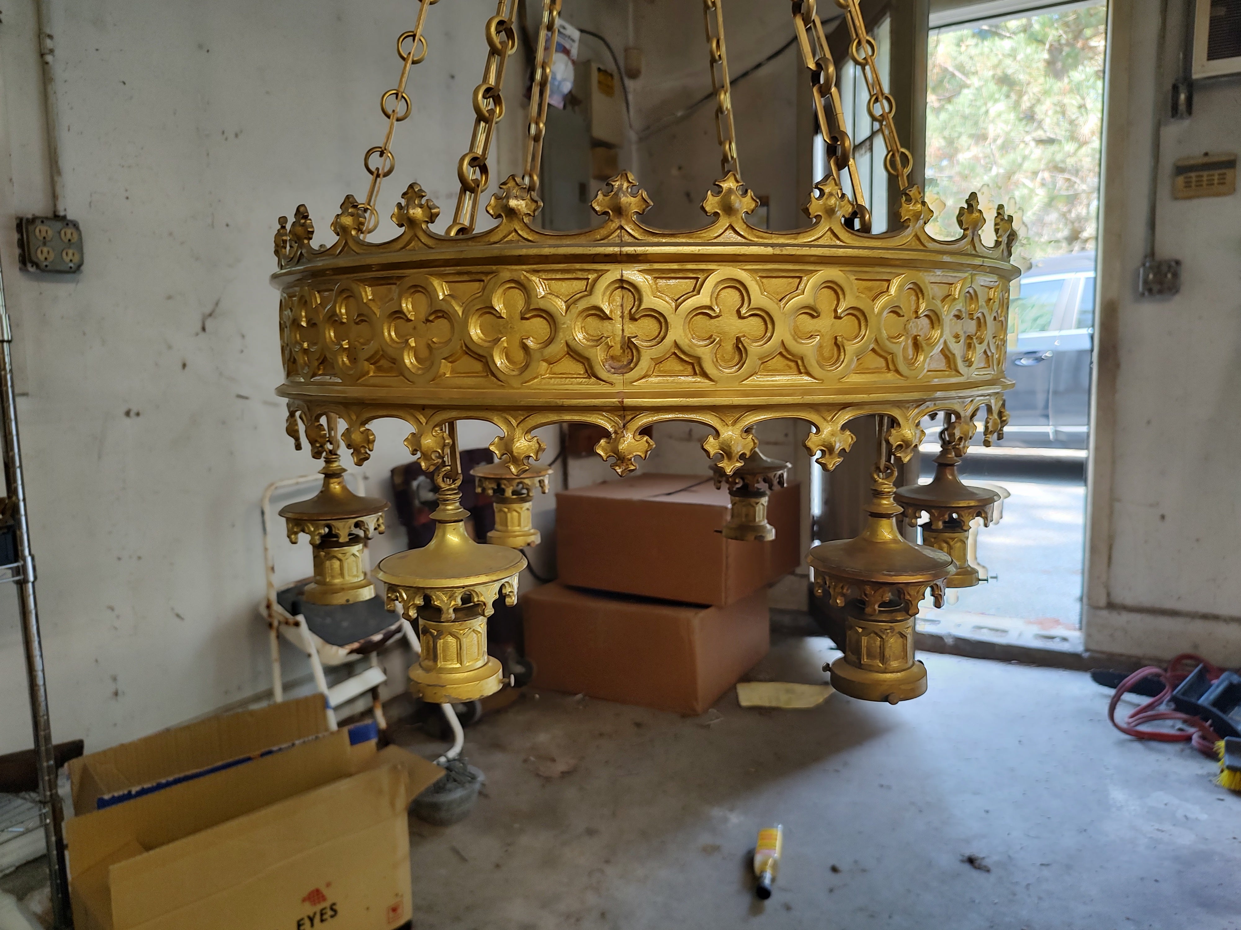 Cast Early 20thc Large Brass Gilt Gothic Style Chandelier Restored Theatre Lamp For Sale