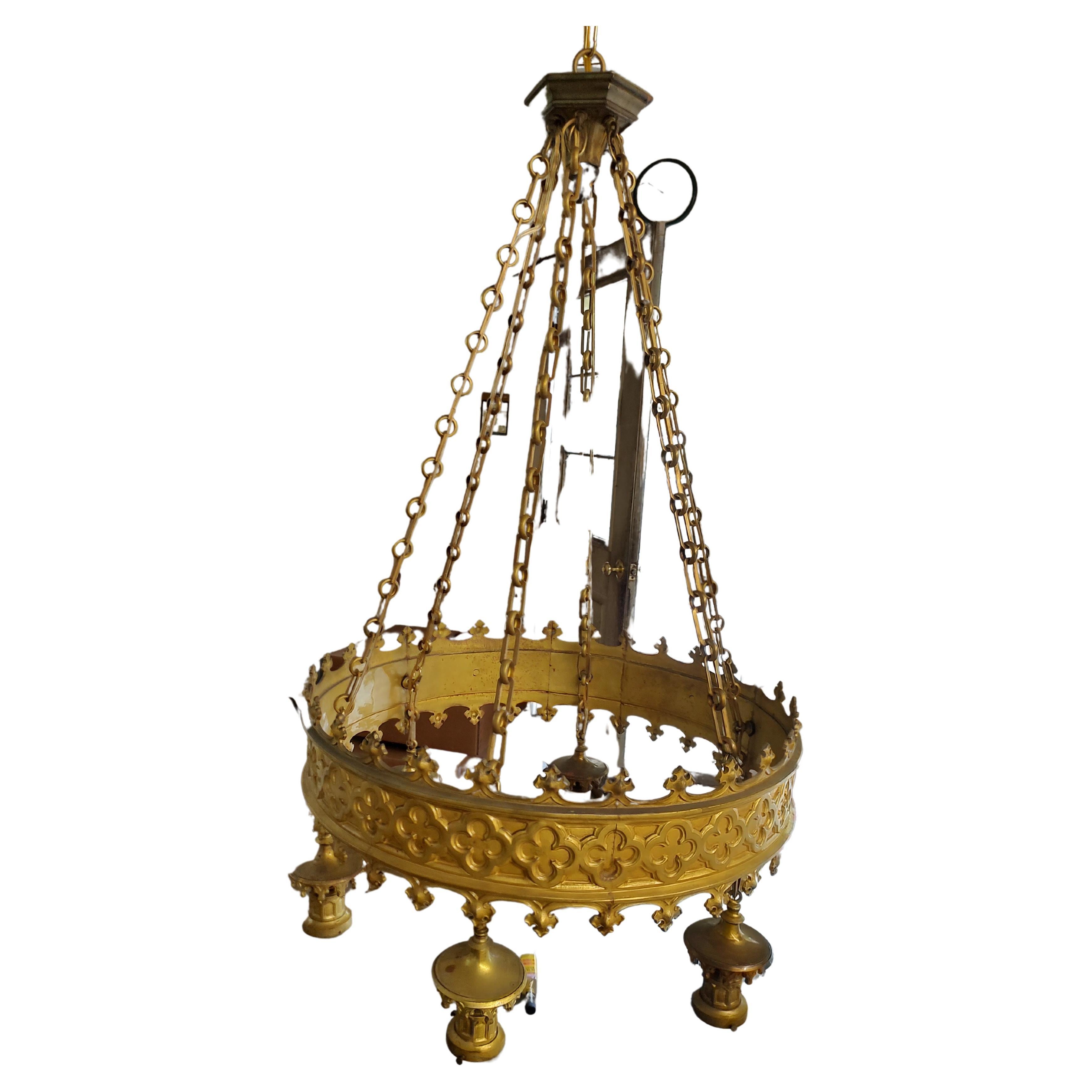 Early 20thc Large Brass Gilt Gothic Style Chandelier Restored Theatre Lamp In Good Condition For Sale In Port Jervis, NY